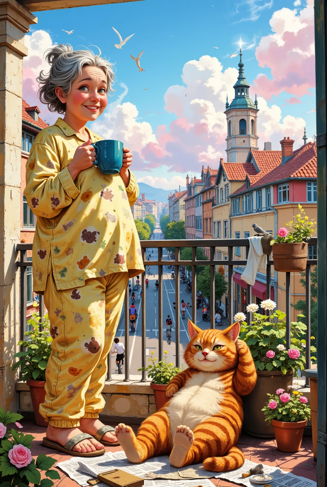 Bright, detailed anime with soft lines, warm color palette and light comedic charisma. A plump little old lady with a beaming smile has just woken up – her gray hair sticks out in all directions, she stretches, holding a large blue mug of steaming coffee i...