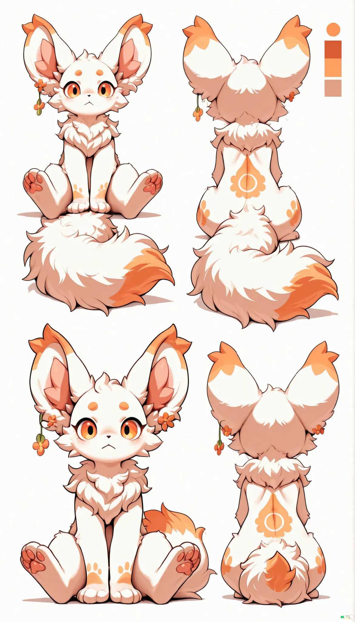 Non-human, pure white fur, empty imagination creatures, orange eyes, fluffy,big ears,One small orange flower earrings on the ear, a floral patterned fur on the stomachThe whole body, the tail is hidden behind the back, a large fluffy tail Reference materia...