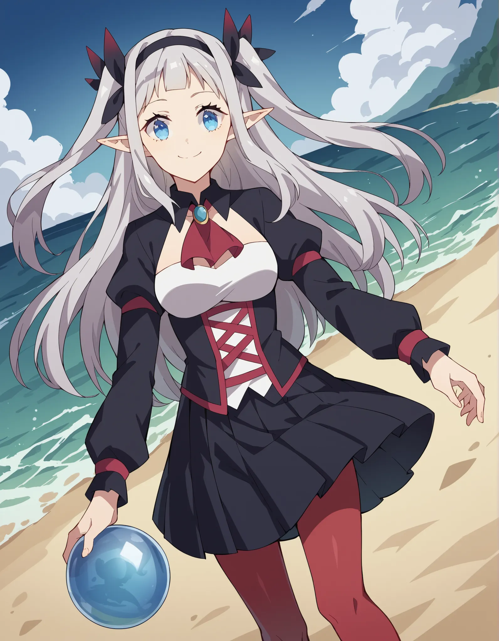score_9, score_8_up, score_7_up, Source_anime,  Rusi 
ru , long hair, Blue Eyes, headband, pointed ears, two side up, gray hair,, dress, puff sleeve, black dress, Ascot, brooch, skirt, long sleeve, pantyhose, pleated skirt, puff sleeve, black skirt, black ...