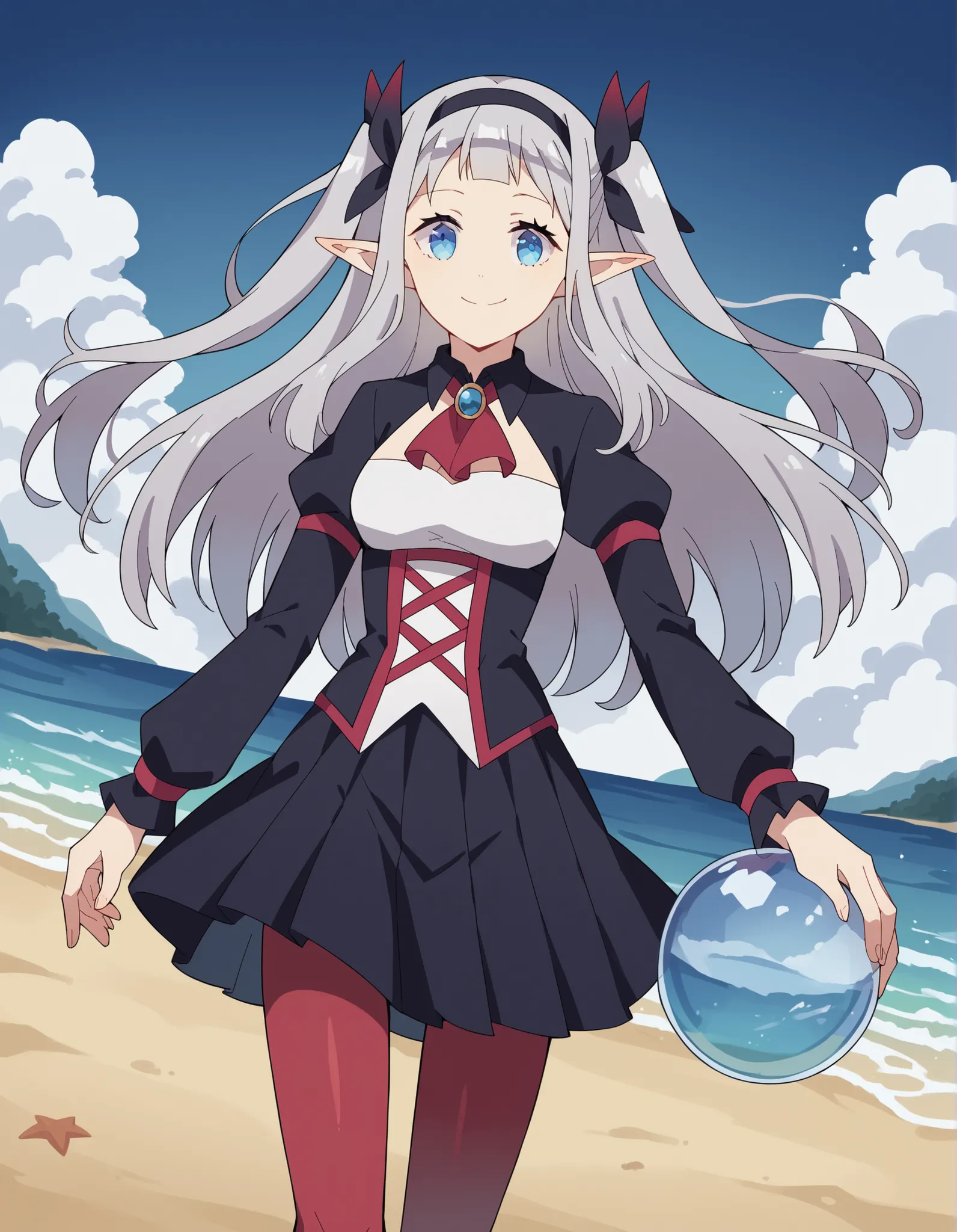 score_9, score_8_up, score_7_up, Source_anime,  Rusi 
ru , long hair, Blue Eyes, headband, pointed ears, two side up, gray hair,, dress, puff sleeve, black dress, Ascot, brooch, skirt, long sleeve, pantyhose, pleated skirt, puff sleeve, black skirt, black ...