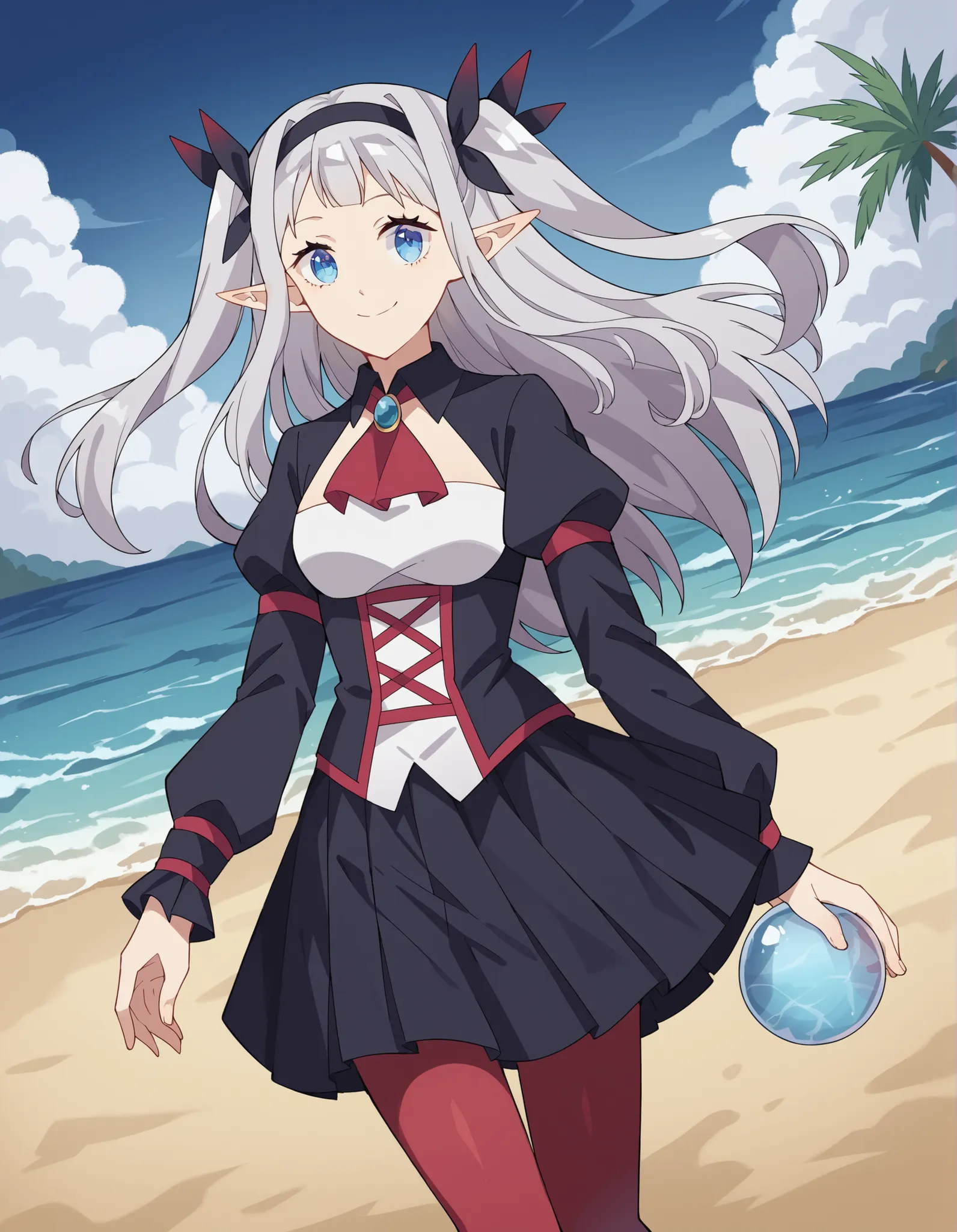 score_9, score_8_up, score_7_up, Source_anime,  Rusi 
ru , long hair, Blue Eyes, headband, pointed ears, two side up, gray hair,, dress, puff sleeve, black dress, Ascot, brooch, skirt, long sleeve, pantyhose, pleated skirt, puff sleeve, black skirt, black ...