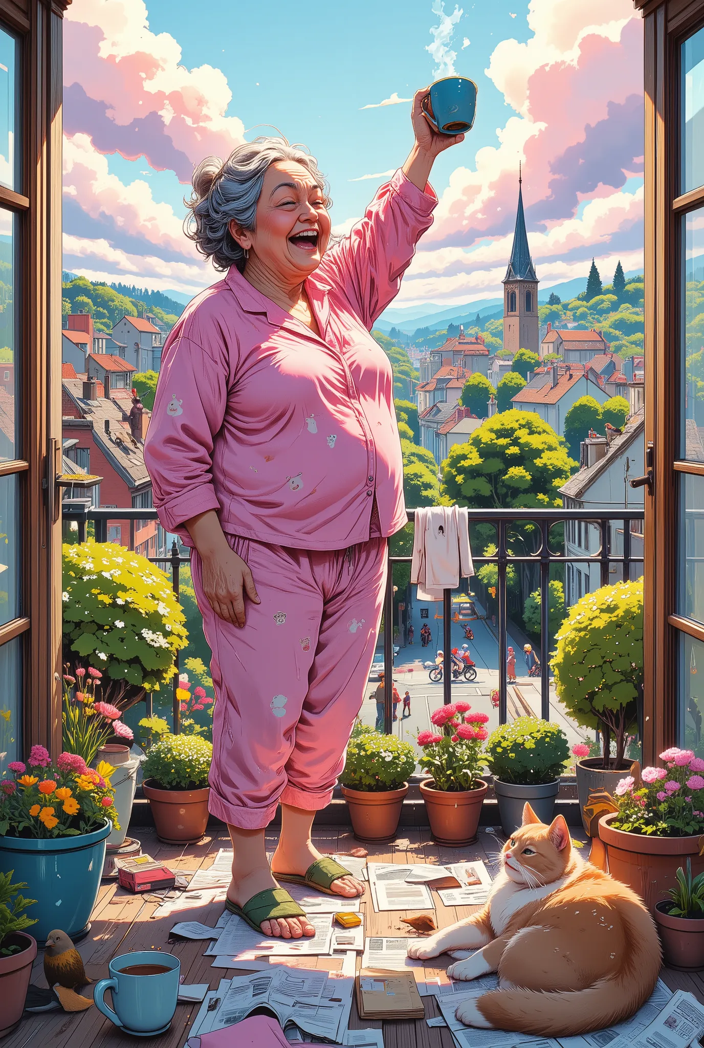 Bright, detailed anime with soft lines, warm color palette and light comedic charisma. A plump little old lady with a beaming smile greets the morning on her lovely balcony. She's just woken up, her gray hair sticking out in all directions. She stretches a...