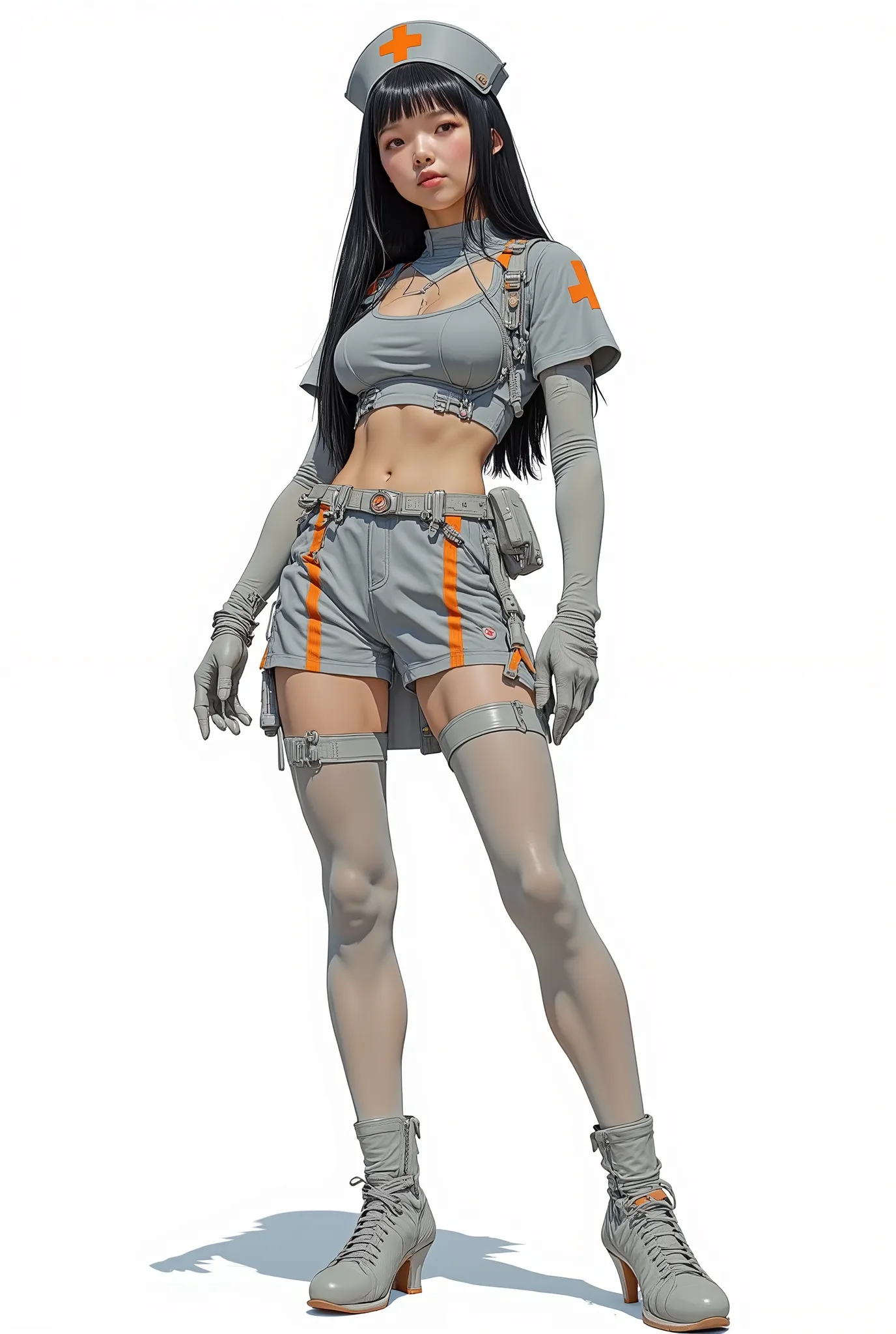 A striking illustration depicts a woman dressed in a futuristic nurse outfit. The design combines elements of medical attire with a sci-fi aesthetic, featuring a tight-fitting grey uniform accented by orange lines and symbols. Her outfit includes a nurse's...