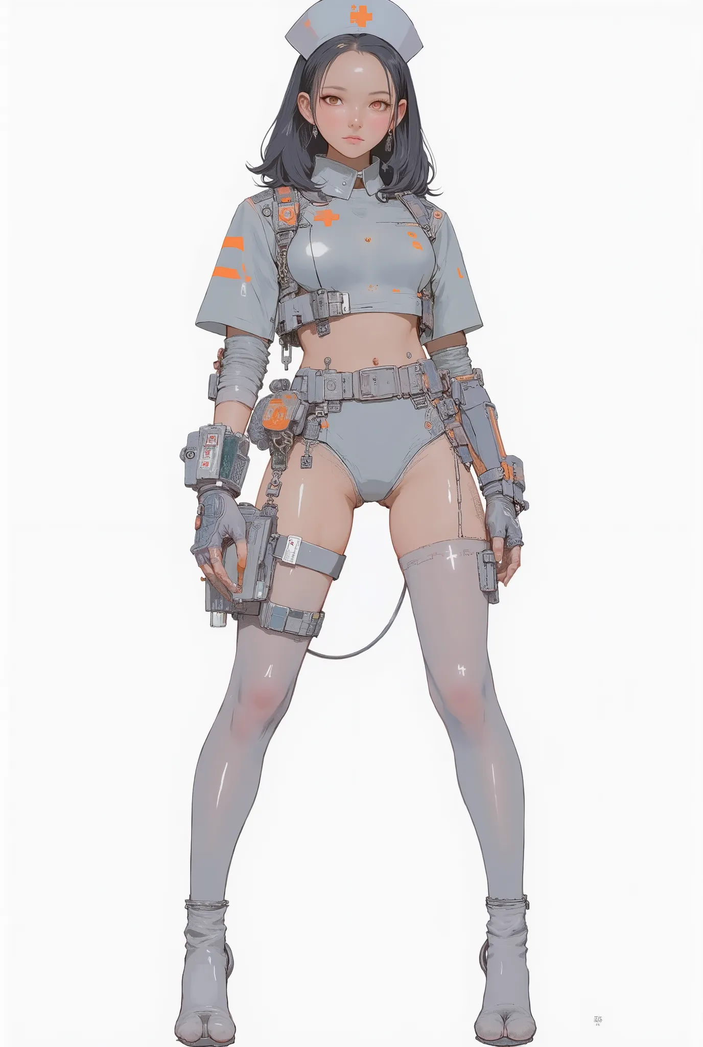 A striking illustration depicts a woman dressed in a futuristic nurse outfit. The design combines elements of medical attire with a sci-fi aesthetic, featuring a tight-fitting grey uniform accented by orange lines and symbols. Her outfit includes a nurse's...