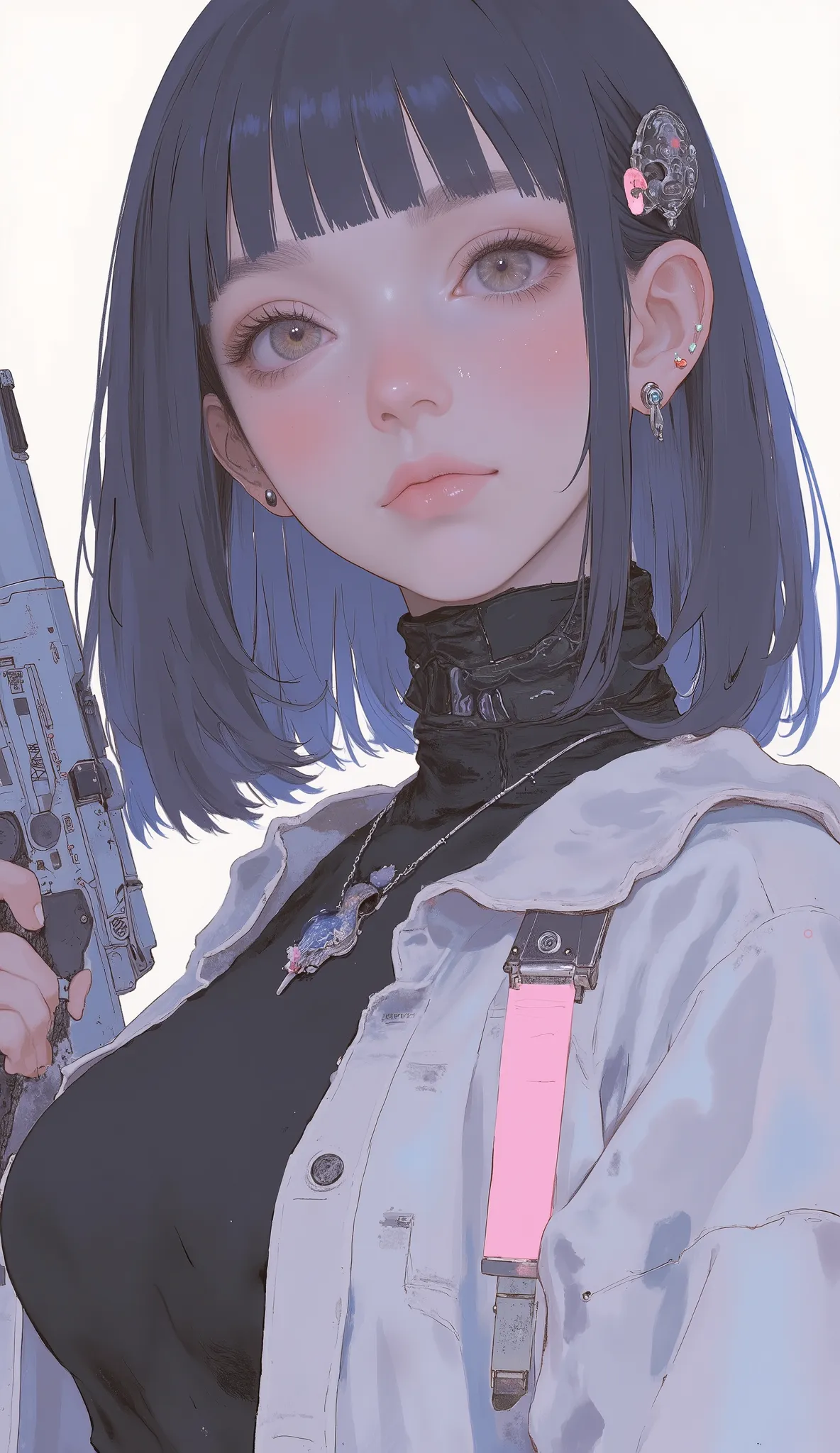 Close up of a woman in costume with a gun, Quiet, Mecha Girl, cyberpunk２０ｙ. Model Girl, Dystopian Sci-Fi Costume, SF Womenキャラクター, Quiet v,  highly detailed concept art , Lelu Costume, female protagonist, SF Women,  Jetstream Sam 