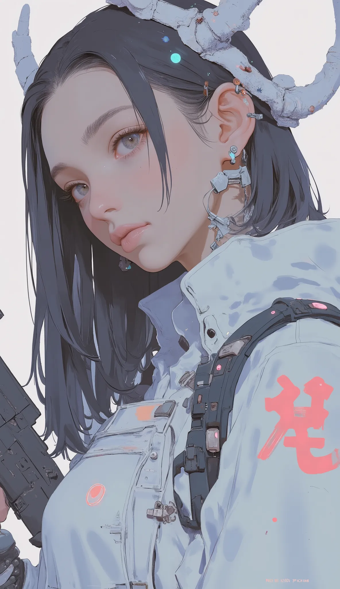 Close up of a woman in costume with a gun, Quiet, Mecha Girl, cyberpunk２０ｙ. Model Girl, Dystopian Sci-Fi Costume, SF Womenキャラクター, Quiet v,  highly detailed concept art , Lelu Costume, female protagonist, SF Women,  Jetstream Sam 