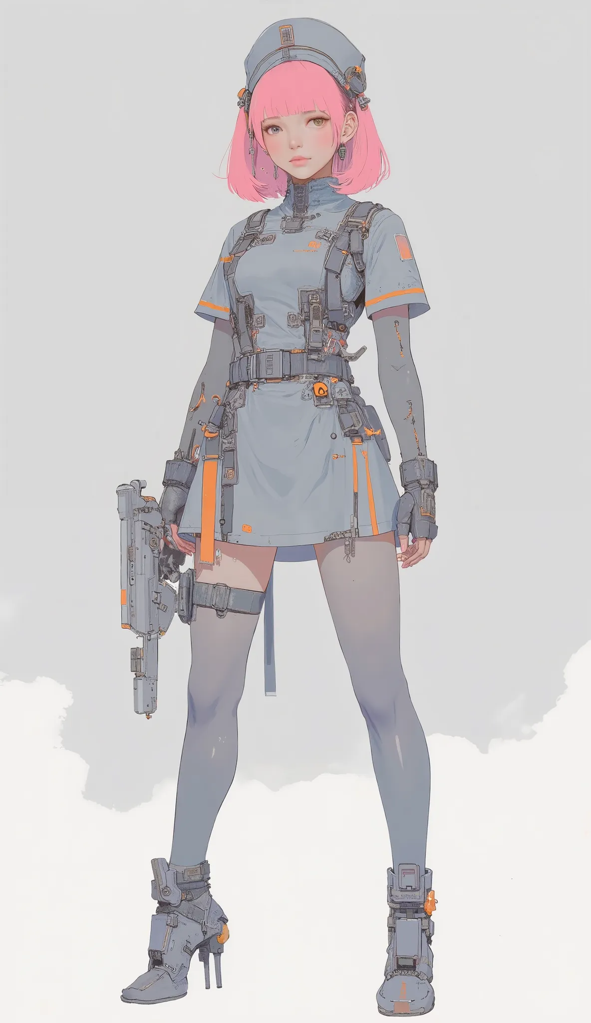 A futuristic nurse character stands confidently, wears a form-fitting uniform that combines traditional elements with sci-fi aesthetics.  Her outfit 、features a grey-toned dress accented with orange lines and、fastened with straps and buckles、mechanical app...