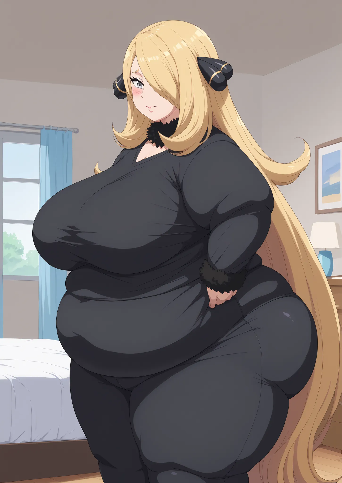Sirona, Cynthia, Silver Eyes,  long hair,  Golden Hair ,  black tight pants,black tight shirt, score_9,   score_8_ up,   score_7_ up,   score_6_ up,   score_5_ up,   score_4_ up,     masterpiece   ,   top quality,     very aesthetic  ,    absurd,    source...