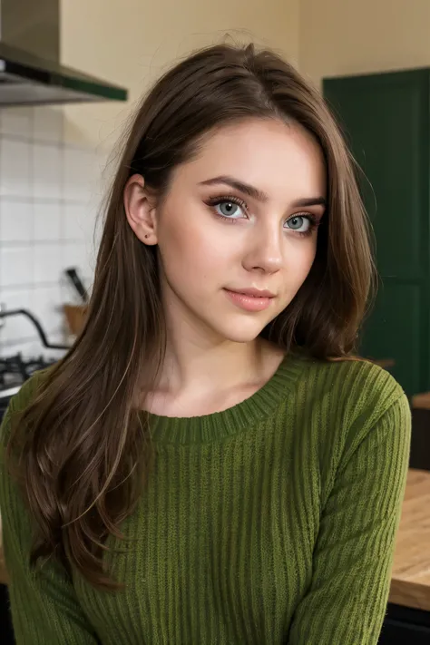 HD photo, highest quality, 8k, (medium brunette hair:1.2), (side parting:1.1), pretty girl, 18 years old, cute, detailed skin, large detailed eyes, long eyelashes, mascara, eye makeup, heavy eyeliner, large sagging breasts, slim waist, wearing green sweate...