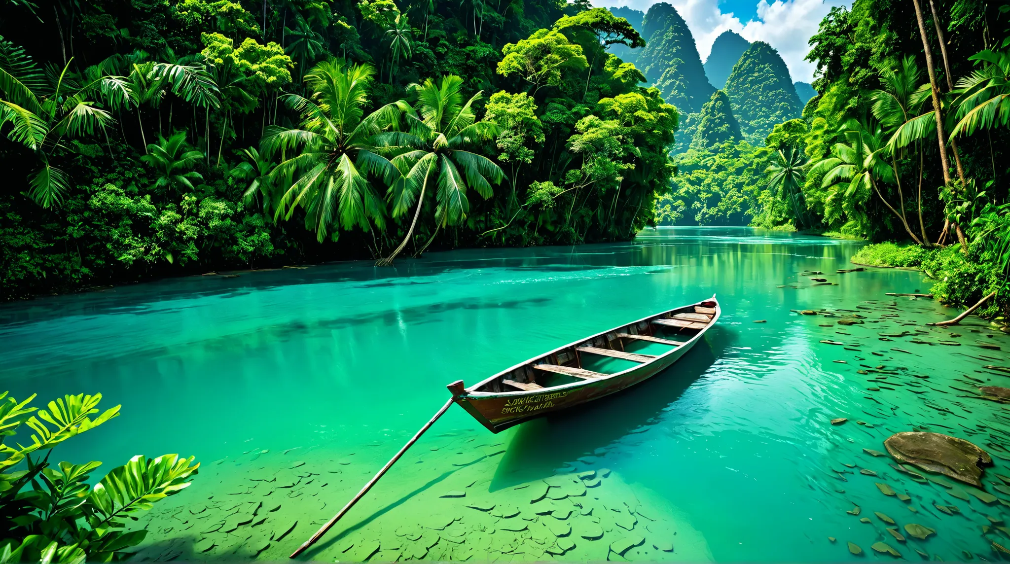 a boat that is sitting in the water, river with stunning water, indonesia, beautiful jungle landscape, beautiful water, wet lush jungle landscape, beautiful jungle, snake river in the jungle, really beautiful nature, indonesia national geographic, green wa...