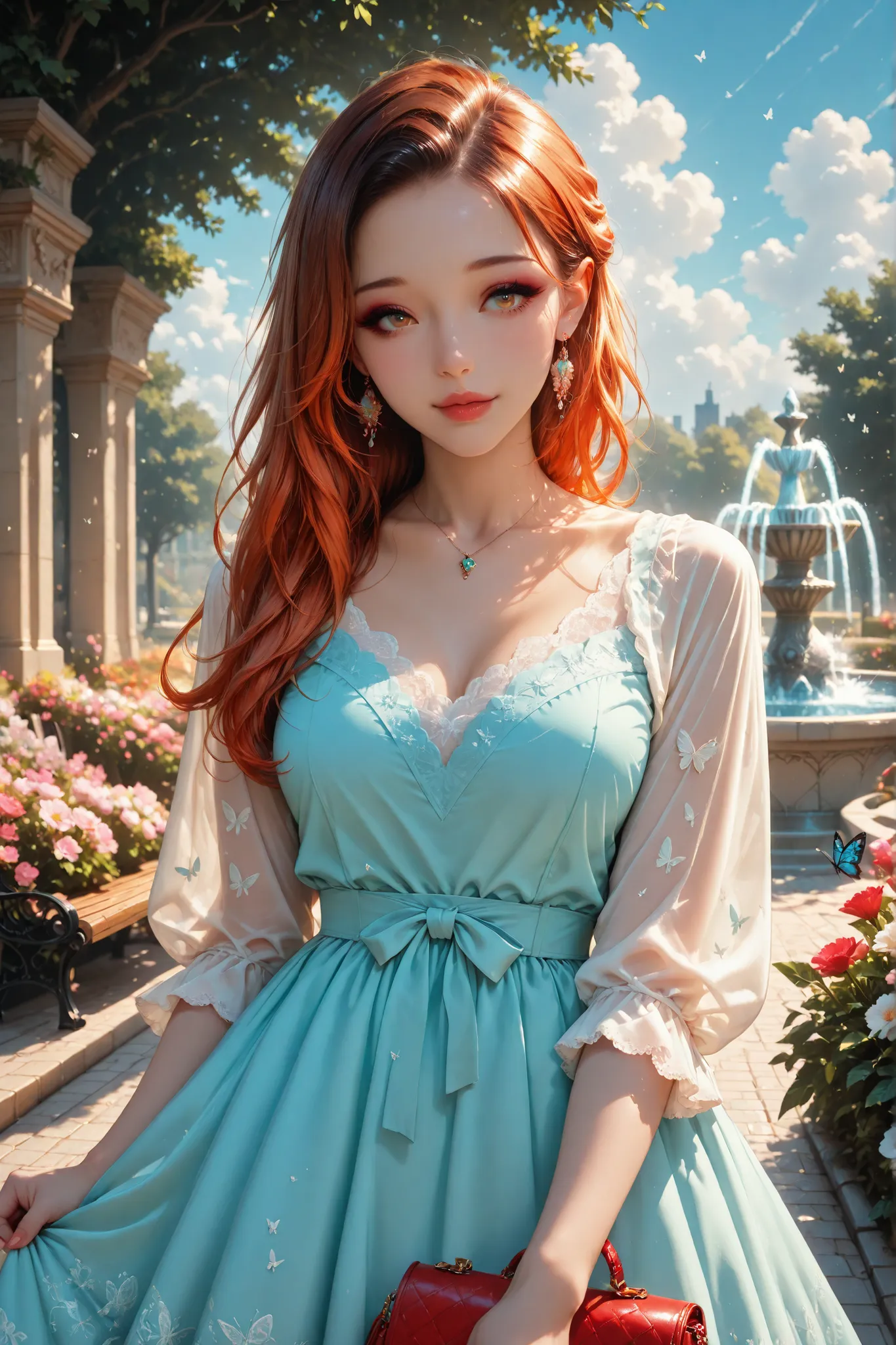 beautiful clouds, Lawn with Flowers , girl, dress, bow, handbag, basket,  flowers, A bench, Butterflies, rich colors, jewelry, makeup, cute, sexual propaganda, Charming, passionate, stone tile, track, fountain , Cinematic light, Cinematic style, high budge...