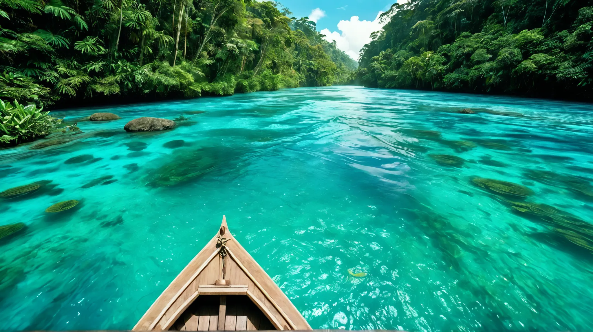 POV in a wooden boat , The boat is in the middle of the fast flowing full with fresh water aquatic animals aqua blue crystal clear river. The river is surrounded by tall rainforest trees on both sides. The background reveals a stunningly beautiful wide aqu...