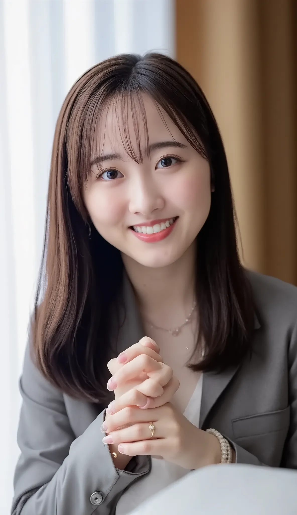Neat Young Woman、and look at the camera、office lady suit、jacket、shirt、 、、ear piercing、  pale brown hair、前髪あり、necklace、Bust Up Shot、smile showing teeth、background is office