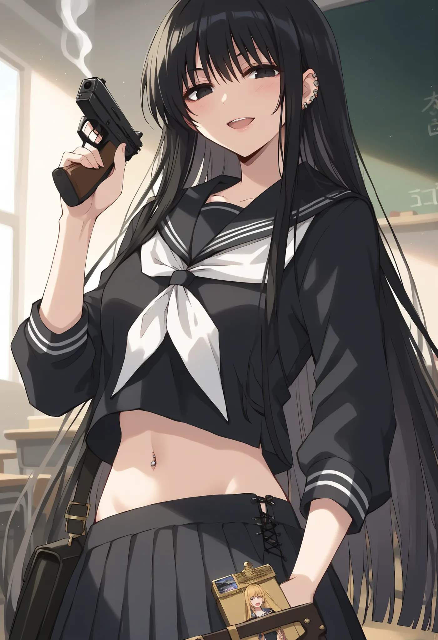score_9,score_8_up,score_7_up,best quality, 4k, rating_safe, very aesthetic, source_anime,1girl,
hagoromo gitsune,,black eyes,empty eyes,black hair,very long hair,black serafuku,,black sailor collar,black skirt, ear piercing, long hair, blush, lipstick,Hot...