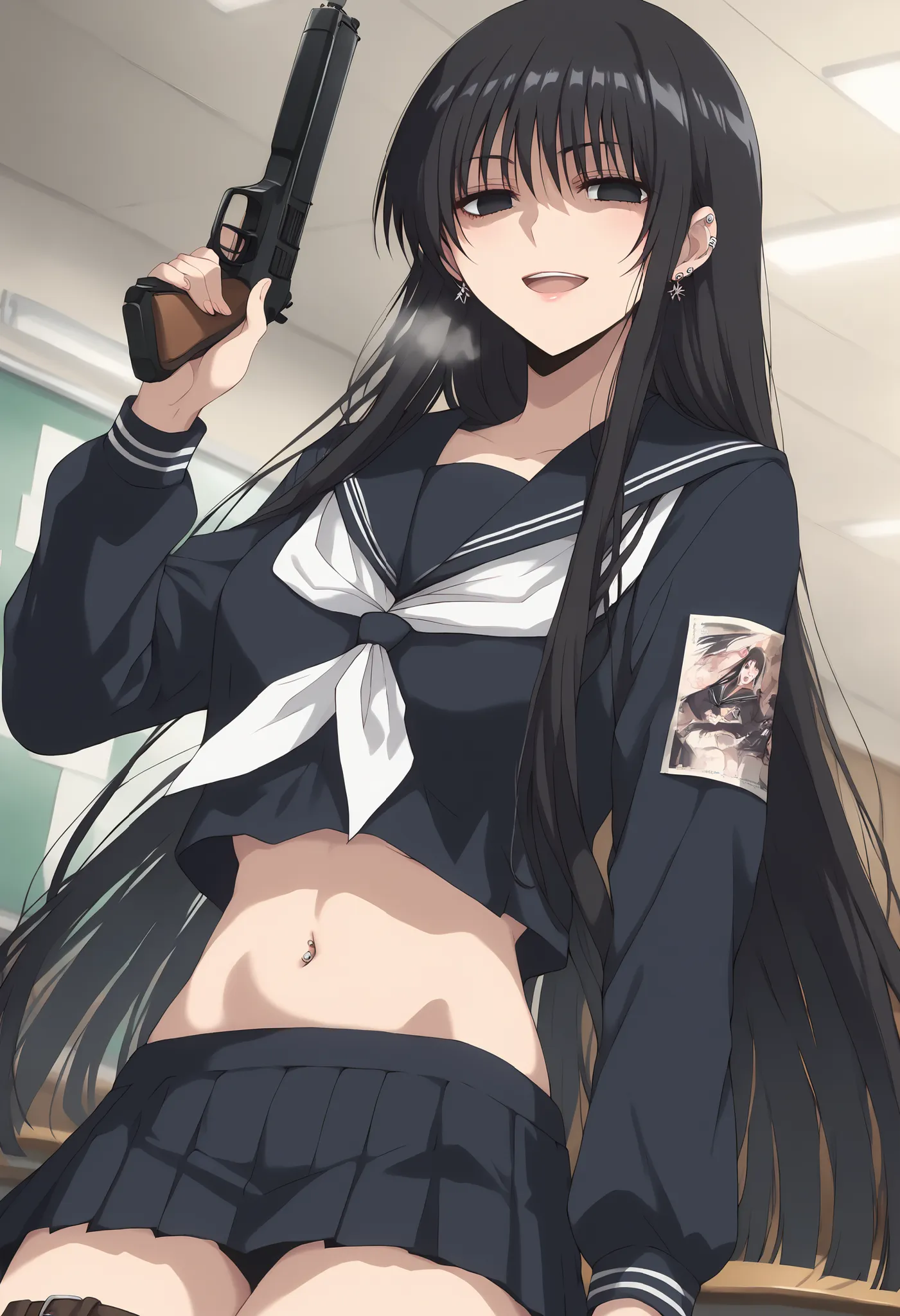 score_9,score_8_up,score_7_up,best quality, 4k, rating_safe, very aesthetic, source_anime,1girl,
hagoromo gitsune,,black eyes,empty eyes,black hair,very long hair,black serafuku,,black sailor collar,black skirt, ear piercing, long hair, blush, lipstick,Hot...