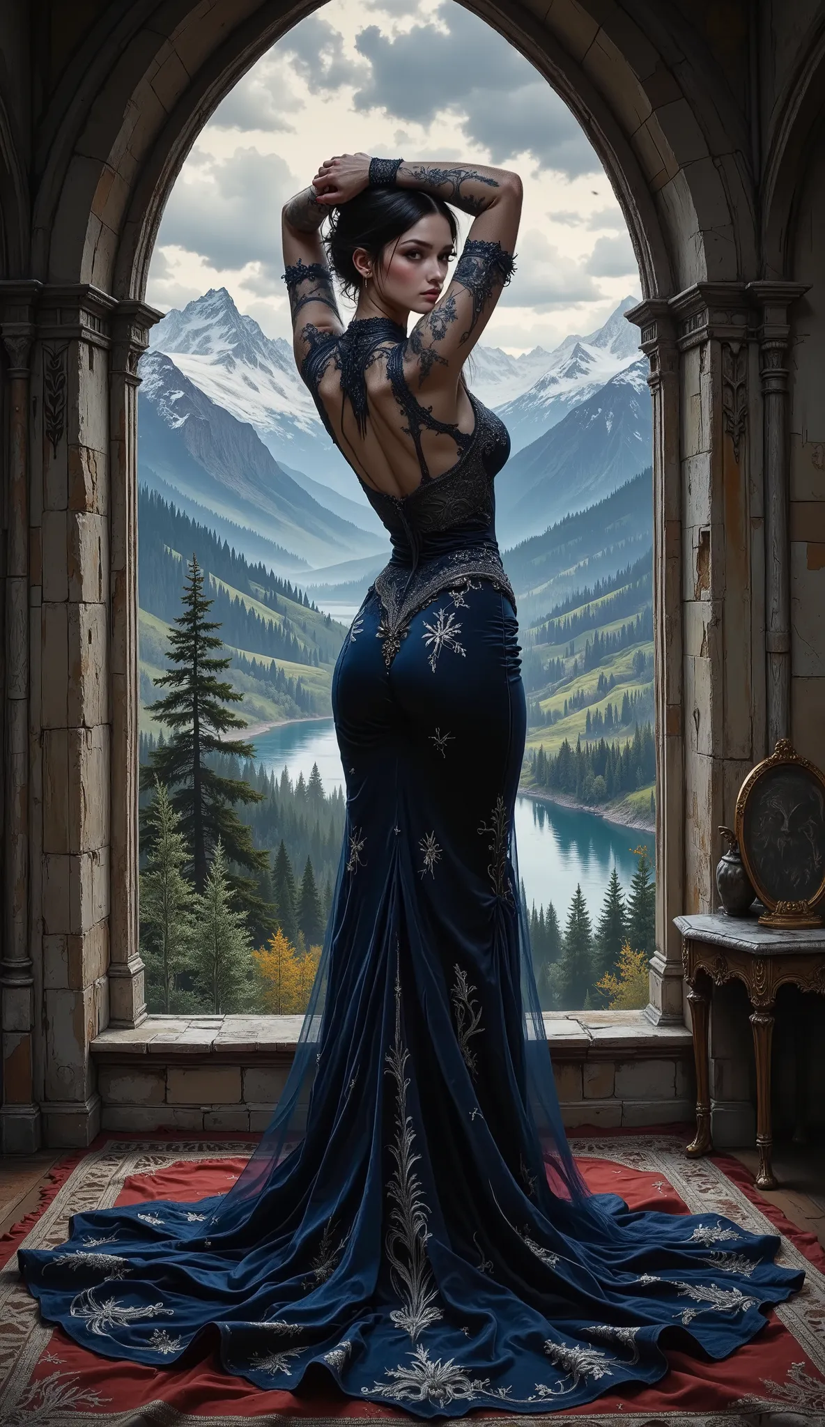 portrait of a young incredibly beautiful woman in the style of Gothic romanticism. She stands with her back to the viewer, arms raised, in a Gothic old castle, high in the mountains, next to a large arched window that offers a breathtaking view of the fant...