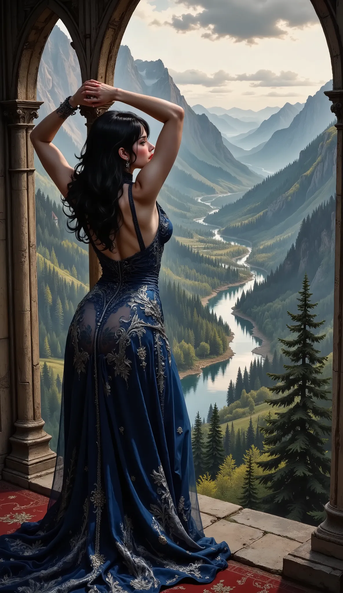 portrait of a young incredibly beautiful woman in the style of Gothic romanticism. She stands with her back to the viewer, arms raised, in a Gothic old castle, high in the mountains, next to a large arched window that offers a breathtaking view of the fant...