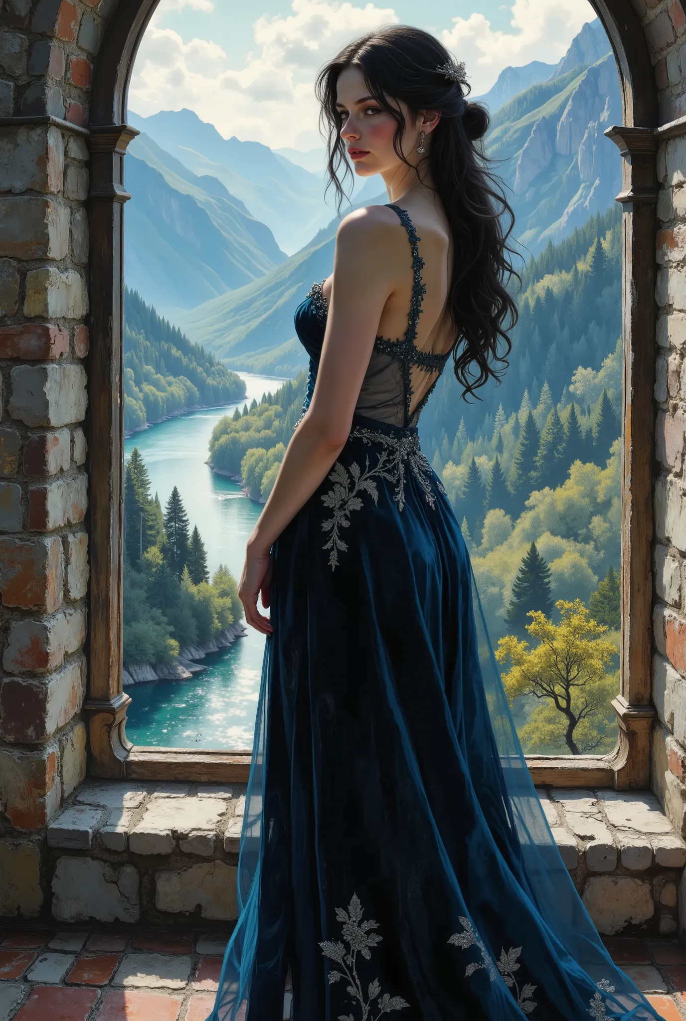 portrait of a young incredibly beautiful woman in the style of Gothic romanticism. She stands with her back to the viewer, arms raised, in a Gothic old castle, high in the mountains, next to a large arched window that offers a breathtaking view of the fant...