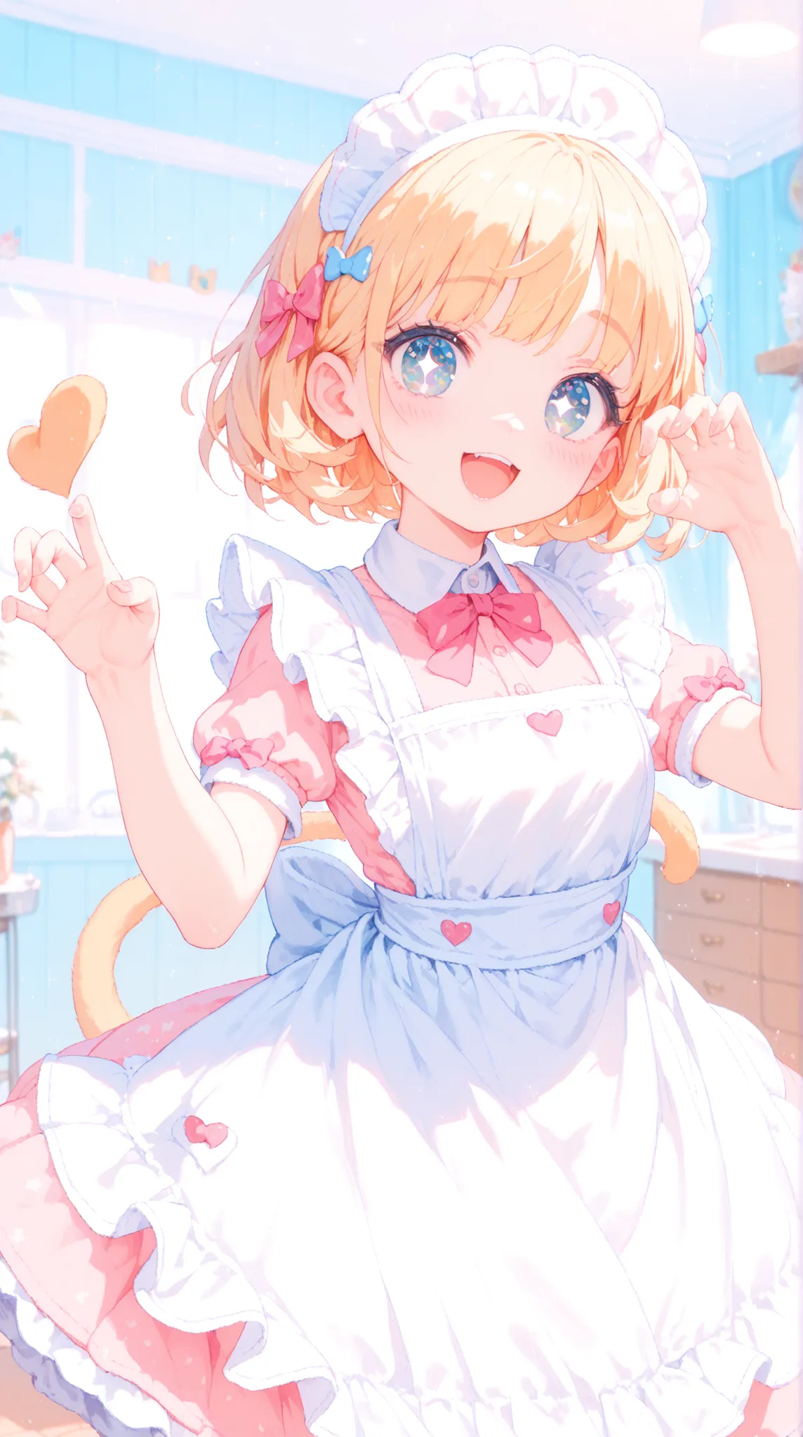 artistic, Ultra High Definition, Puppy girl, Boom Boom Tail, Apron with Lace, Sparkling Eyes, cute pose, Bright Maid Room, Warm atmosphere