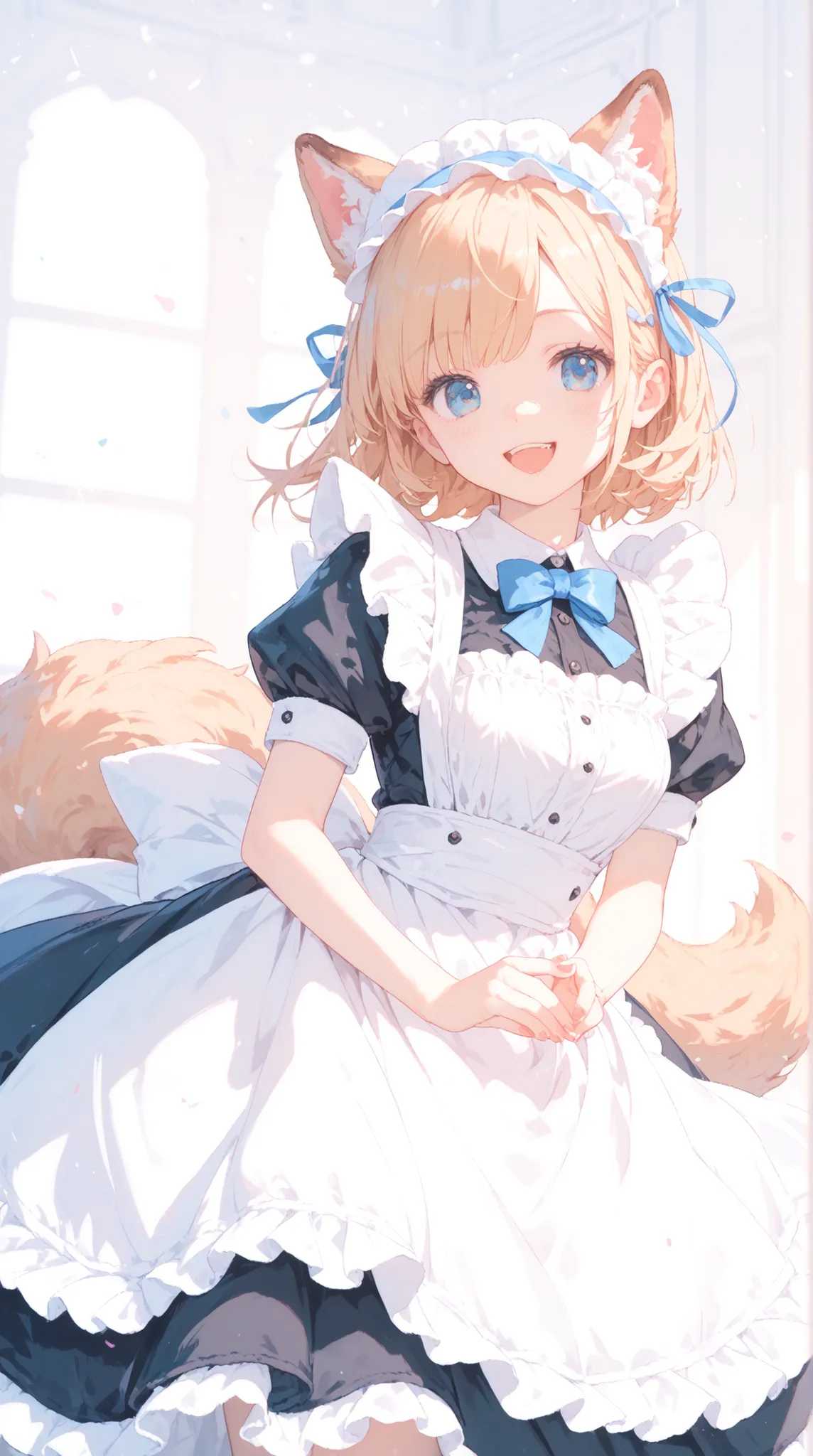 Ultra High Definition, Masterpiece, Perfect Details, Happy Dog Ears Maid, Cheerful Swaying Tail, Ruffled Dress, Adorable Smile, maid headband, Fluffy Tailoring