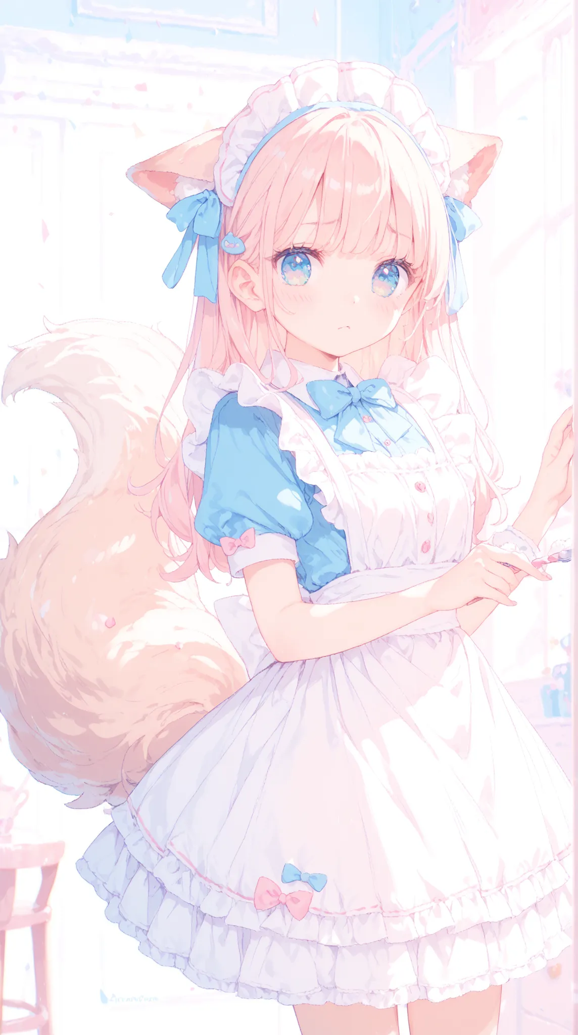 top quality, masterpiece, as pictured, Little Girl with Puppy Ears Maid, Fluffy Tails, White Maid Dress, has a frolic expression, cute apron, Ribbon Embellishment , Pastel Room