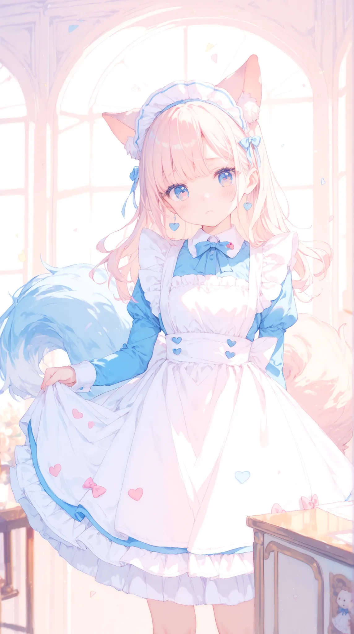 top quality, masterpiece, as pictured, Little Girl with Puppy Ears Maid, Fluffy Tails, White Maid Dress, has a frolic expression, cute apron, Ribbon Embellishment , Pastel Room