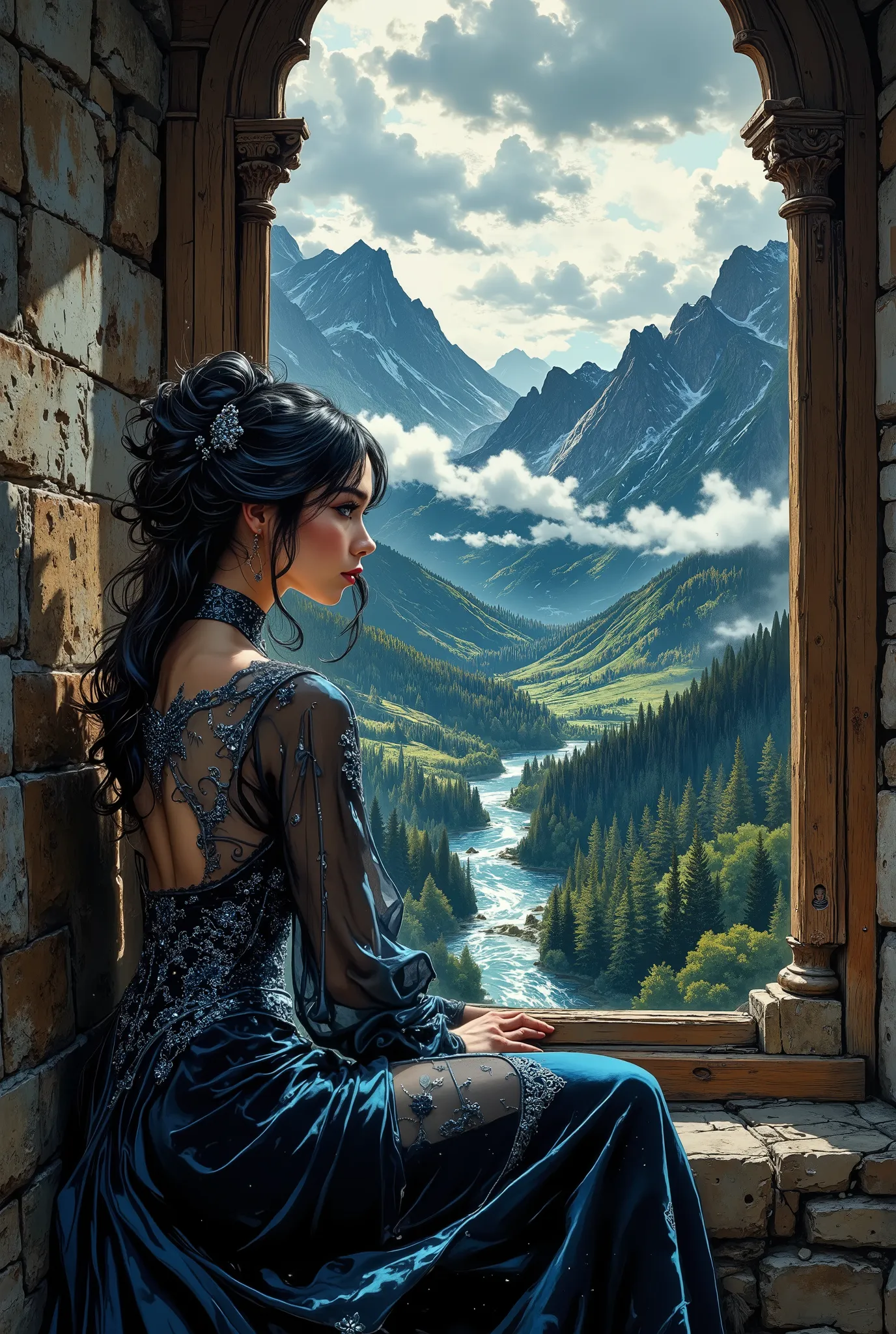 portrait of a young incredibly beautiful woman in the style of Gothic romanticism. She sits with her back to the viewer in a Gothic old castle, high in the mountains, next to a large arched window that offers a breathtaking view of the fantastic valley bel...