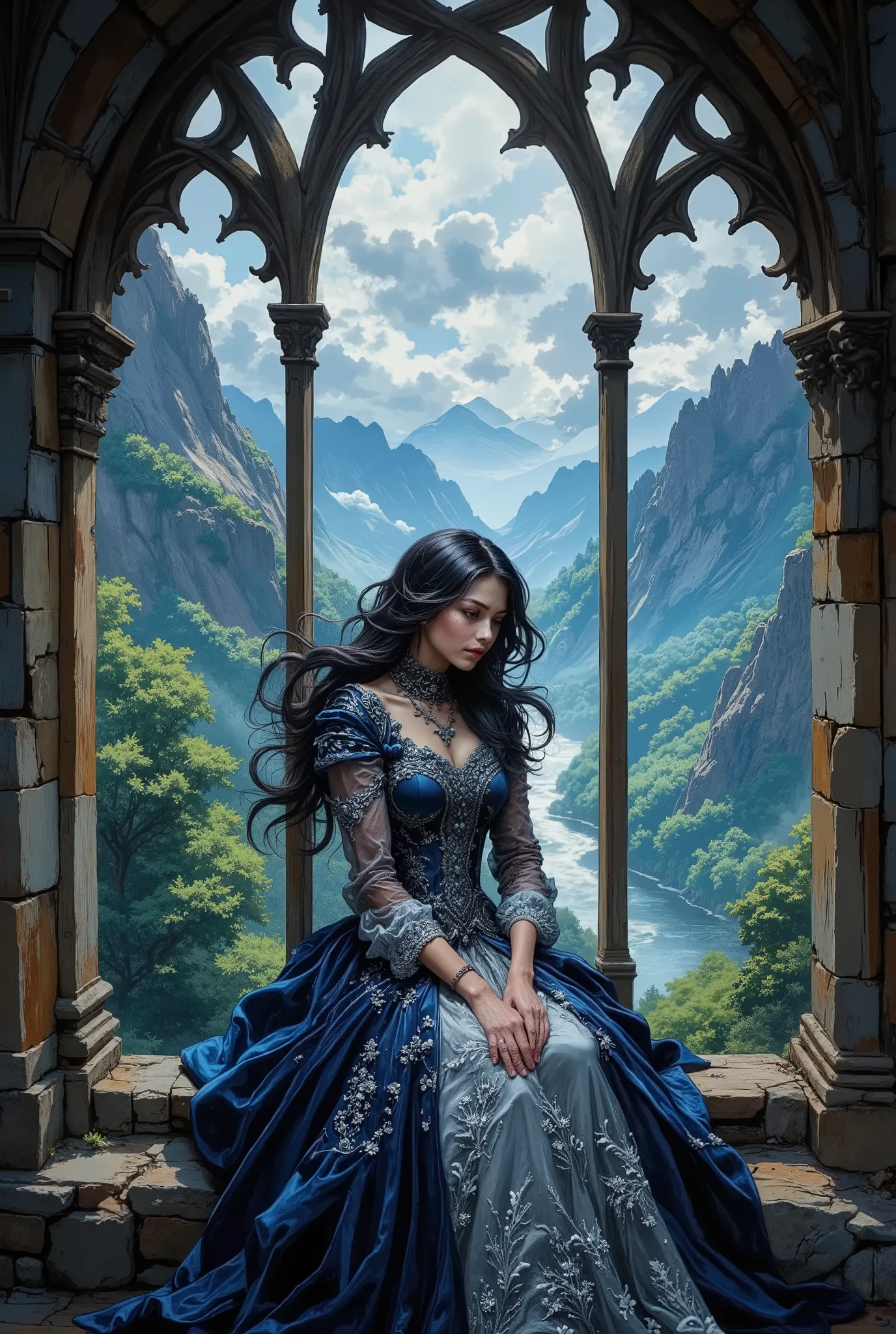 portrait of a young incredibly beautiful woman in the style of Gothic romanticism. She sits with her back to the viewer in a Gothic old castle, high in the mountains, next to a large arched window that offers a breathtaking view of the fantastic valley bel...