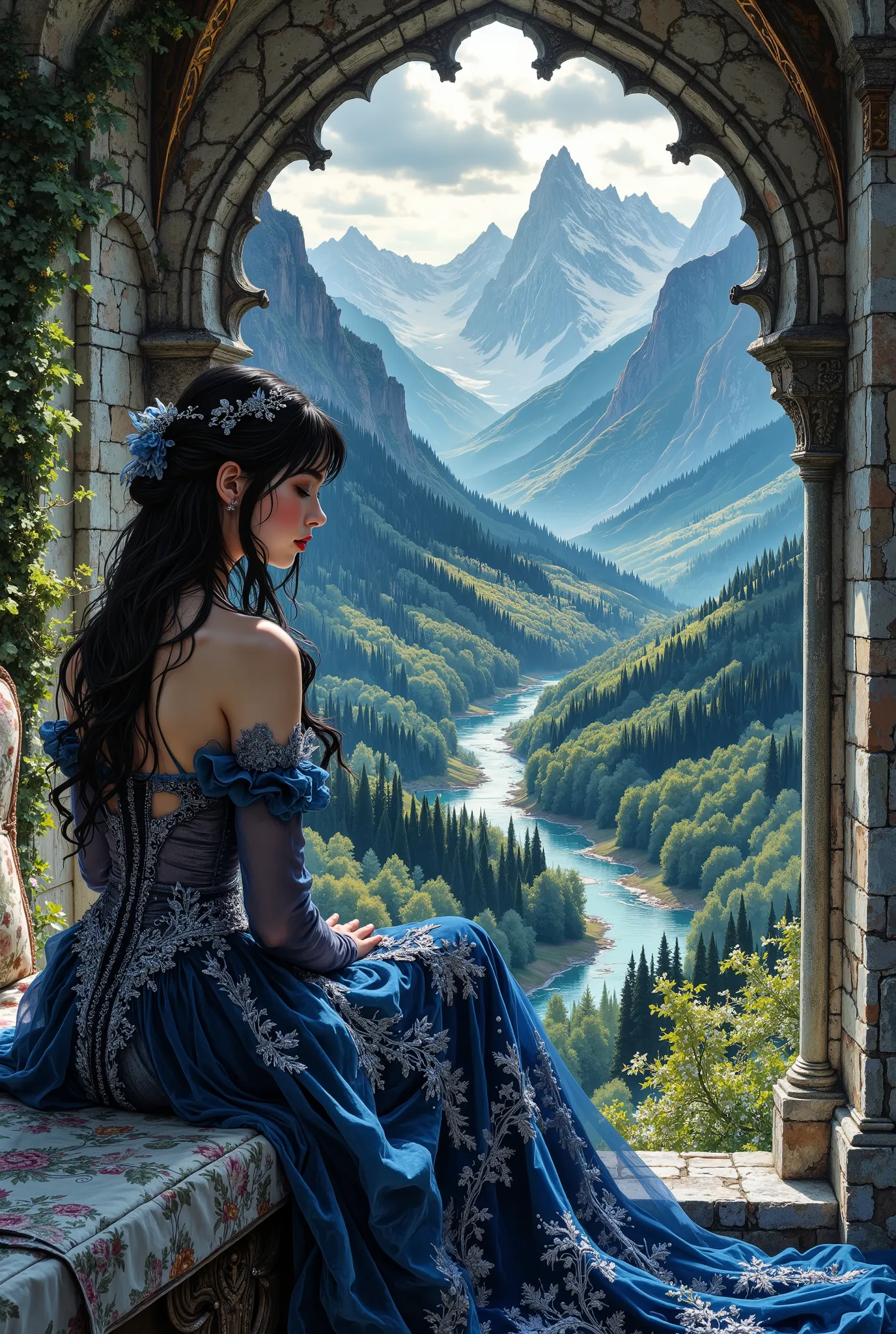 portrait of a young incredibly beautiful woman in the style of Gothic romanticism. She sits with her back to the viewer in a Gothic old castle, high in the mountains, next to a large arched window that offers a breathtaking view of the fantastic valley bel...