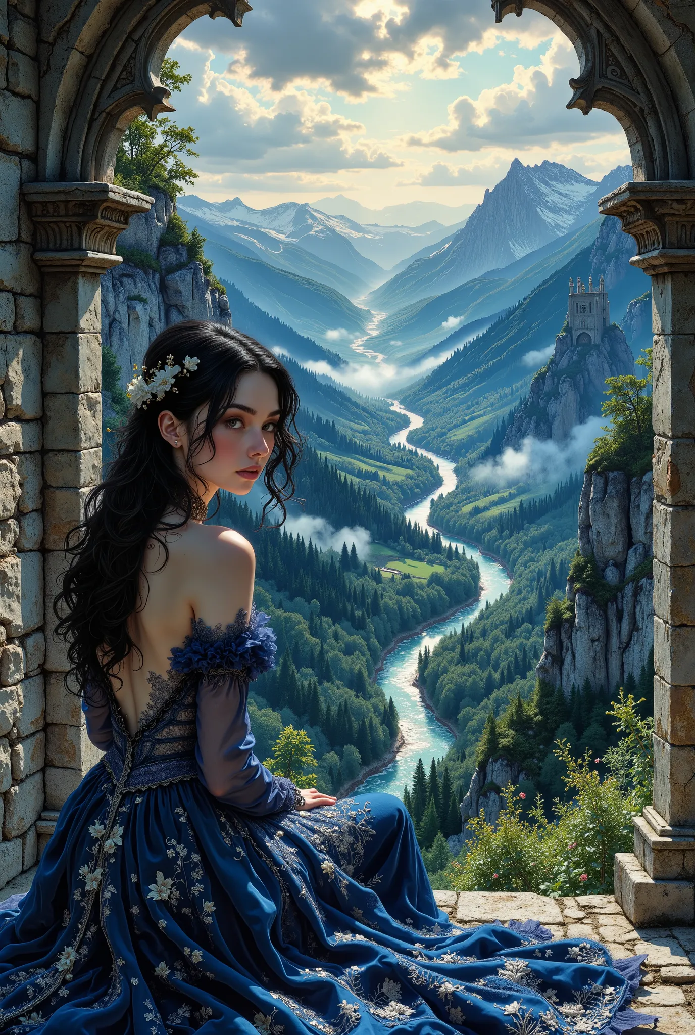 portrait of a young incredibly beautiful woman in the style of Gothic romanticism. She sits with her back to the viewer in a Gothic old castle, high in the mountains, next to a large arched window that offers a breathtaking view of the fantastic valley bel...
