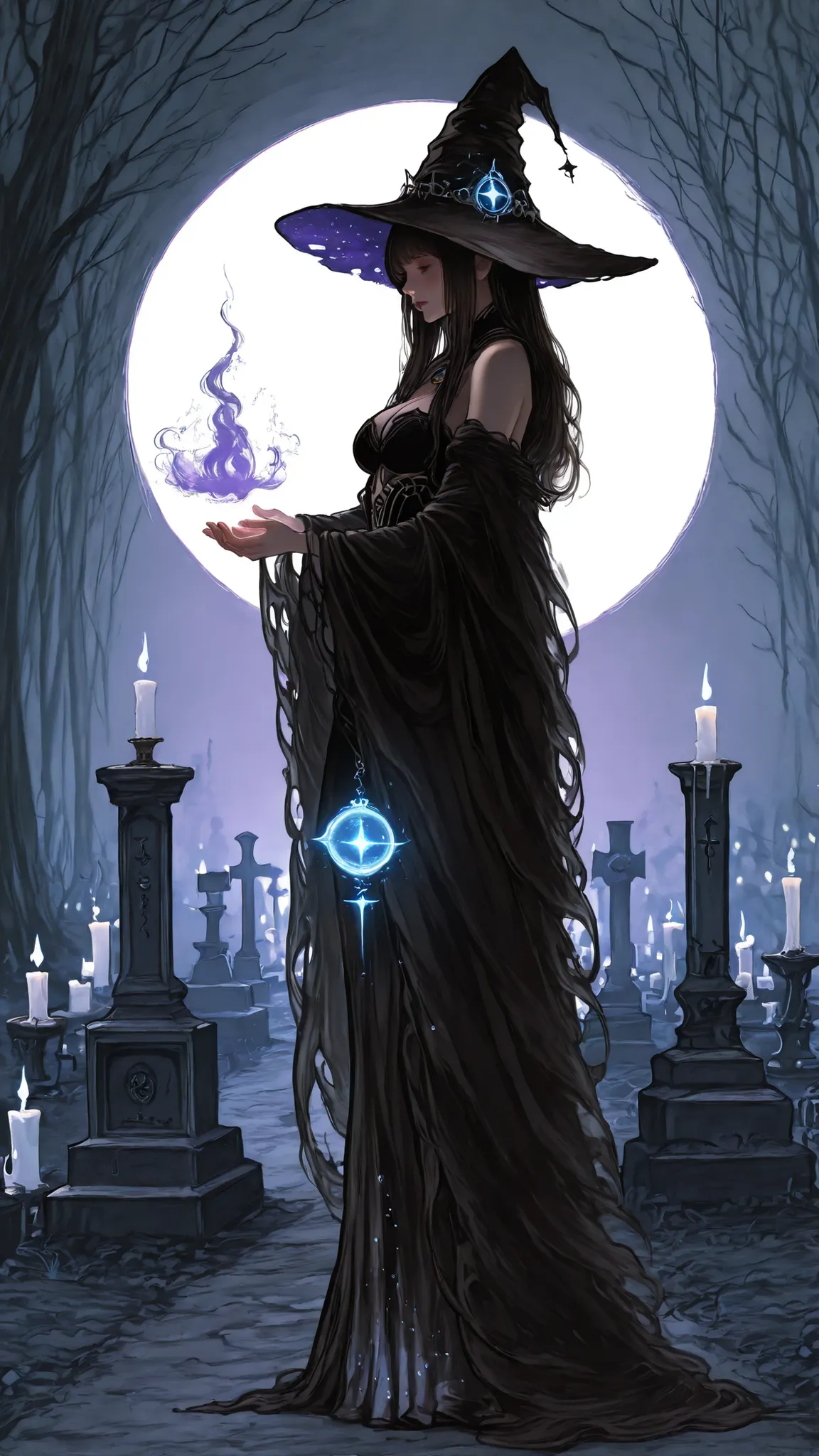 Japanese woman in a witch costume, black pointed hat, flowing cloak, standing in a moonlit graveyard, realistic style, glowing spellbook, smoky mist, candlelight