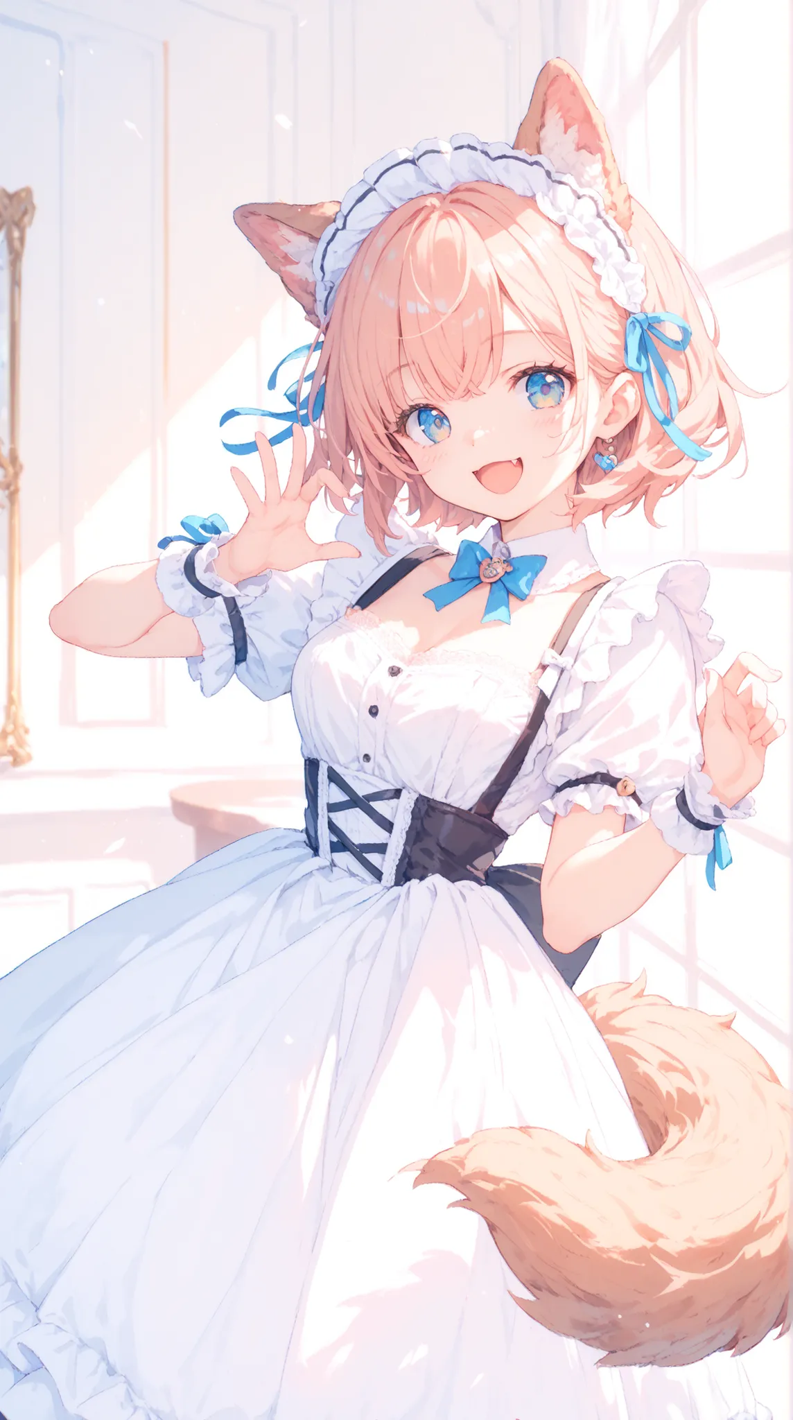 ultimate image quality, Perfect Description, Dog Eared Maid, Happy Swaying Tail, elegant maid clothes, Adorable gestures, fluffy ears, lace decoration, Fun Atmosphere