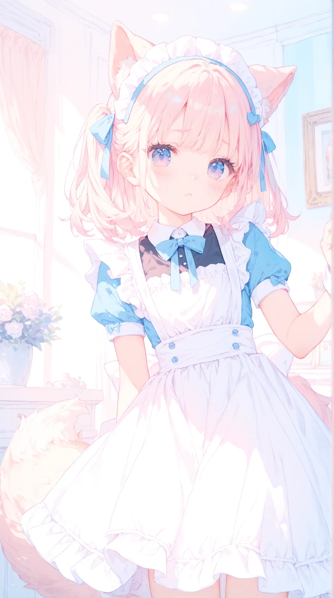 top quality, masterpiece, as pictured, Little Girl with Puppy Ears Maid, Fluffy Tails, White Maid Dress, has a frolic expression, cute apron, Ribbon Embellishment , Pastel Room