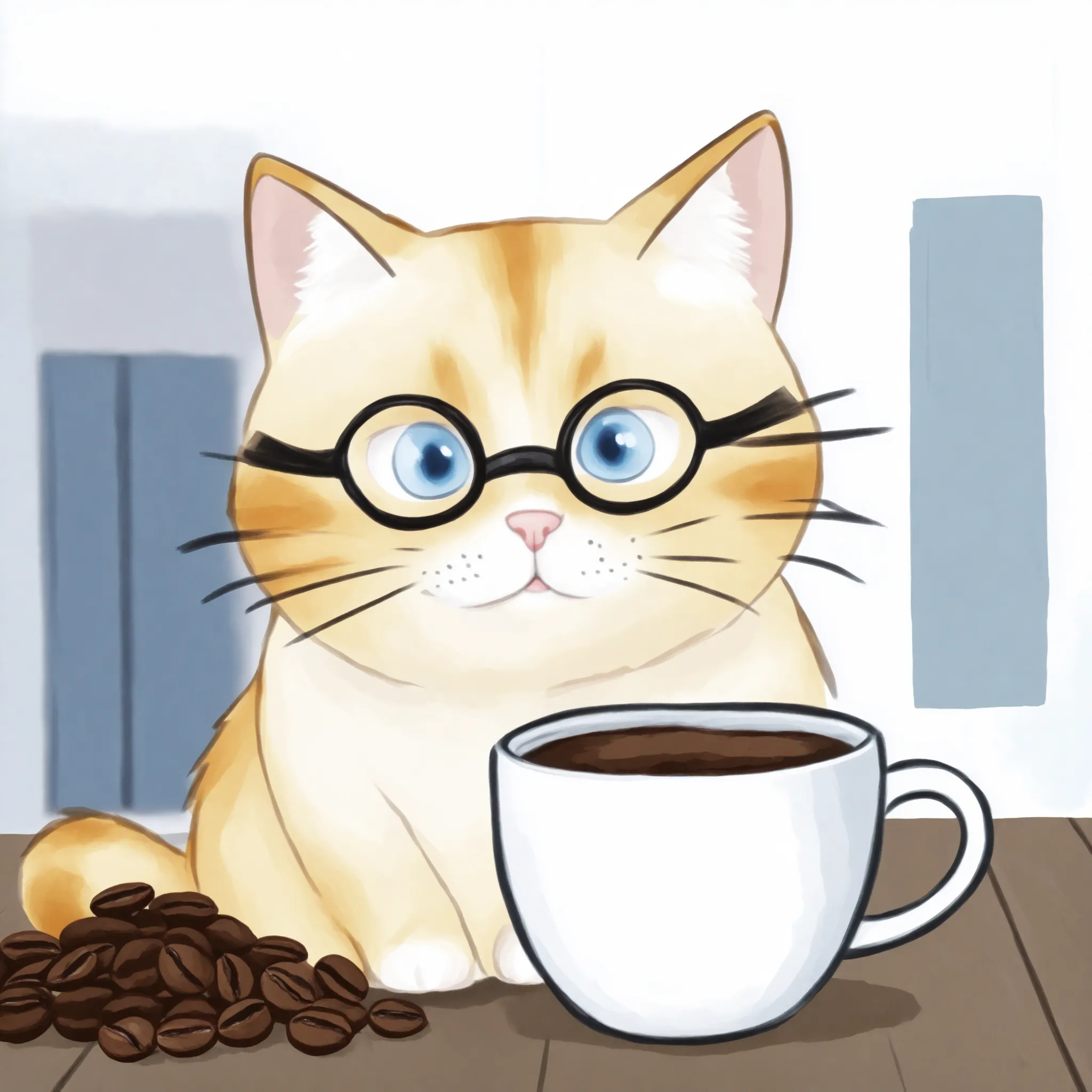 fat yellow cat with spec on eyes and hold coffee mug. empty background