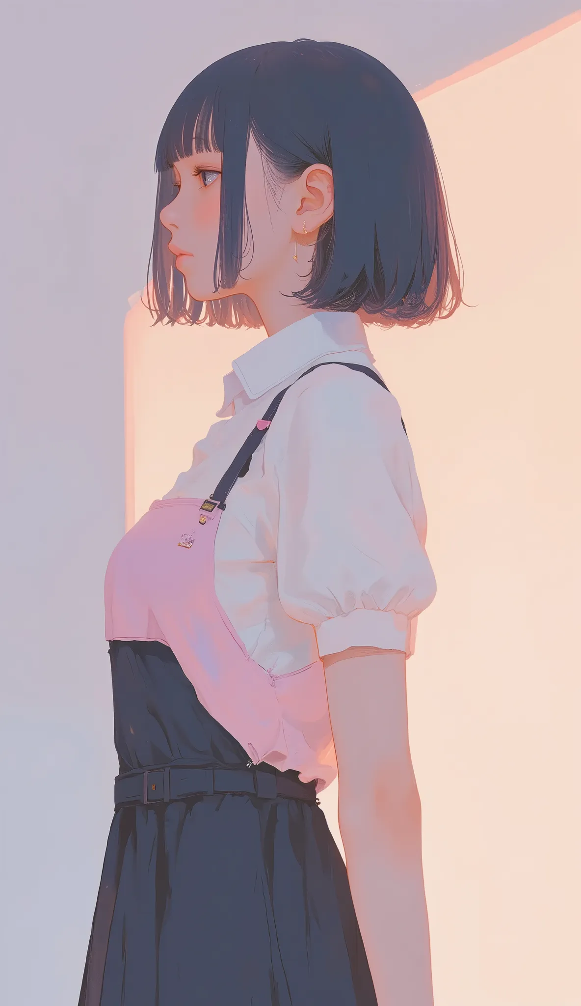 A slender woman with short black hair、She is taken in profile with her back against a softly illuminated background. she fits her body with a pink bodice, A sleeveless black dress that emphasizes the silhouette of. Lower side,  Short White Blouse , puff sl...