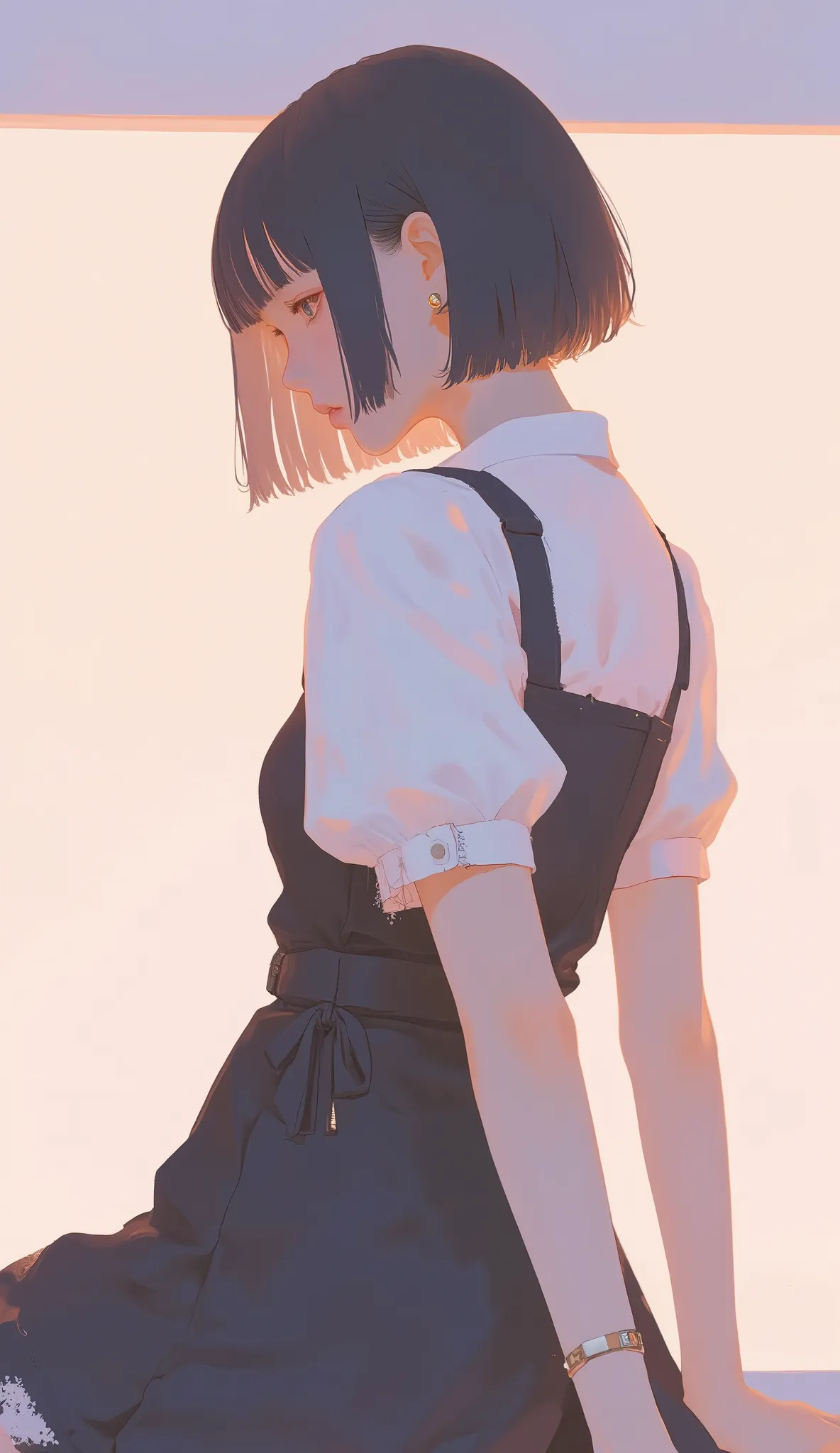 A slender woman with short black hair、She is taken in profile with her back against a softly illuminated background. she fits her body with a pink bodice, A sleeveless black dress that emphasizes the silhouette of. Lower side,  Short White Blouse , puff sl...