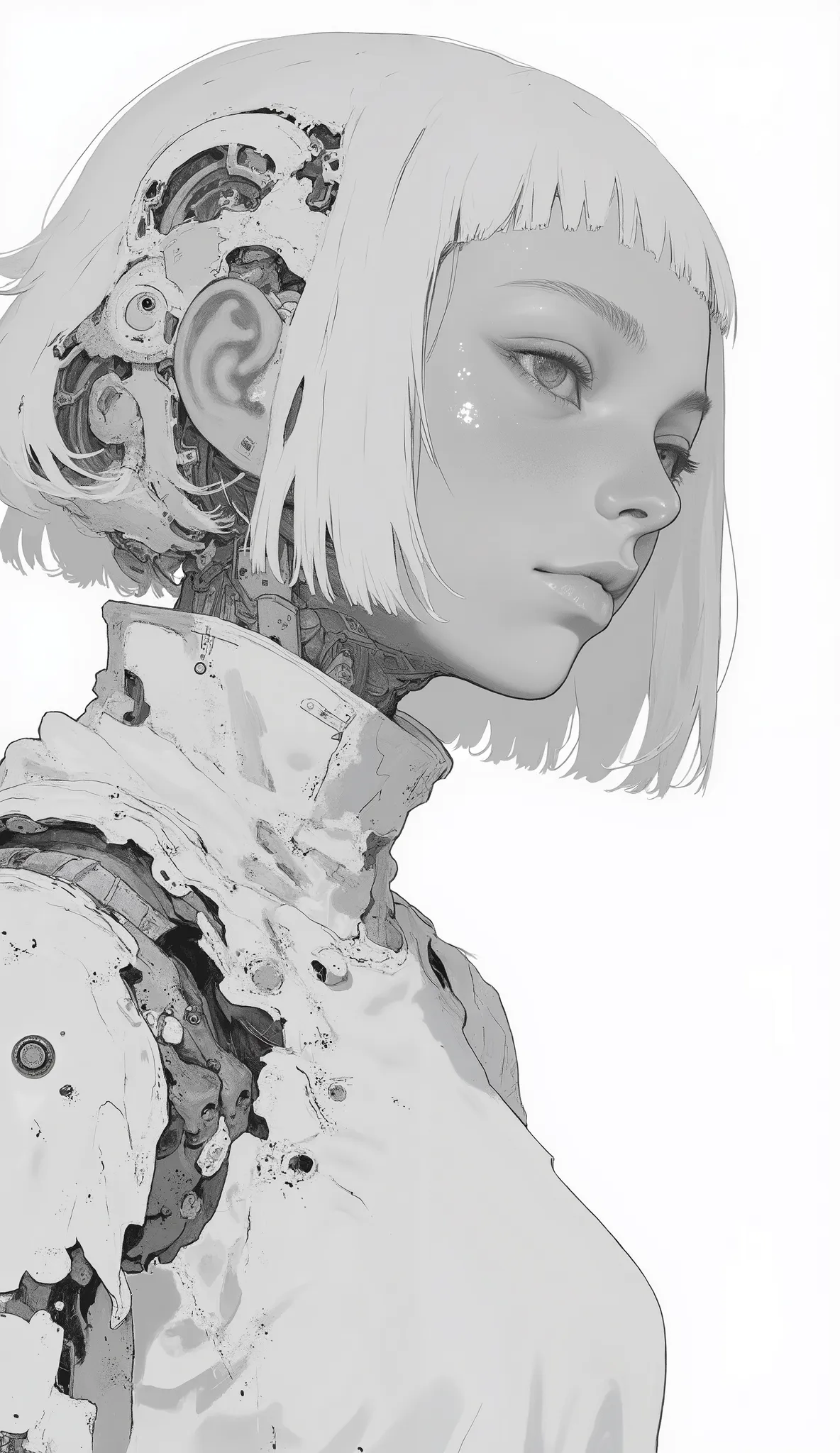 young woman, probably an android or cyborg, Her delicate features etched with fine lines. Her short, のなめらかな髪にteeth、Large, like she's moving in the middle of a movement, Round, gear-like pattern. adding movement and energy to the work, 彼女の右手teeth部分的に伸ばされていま...