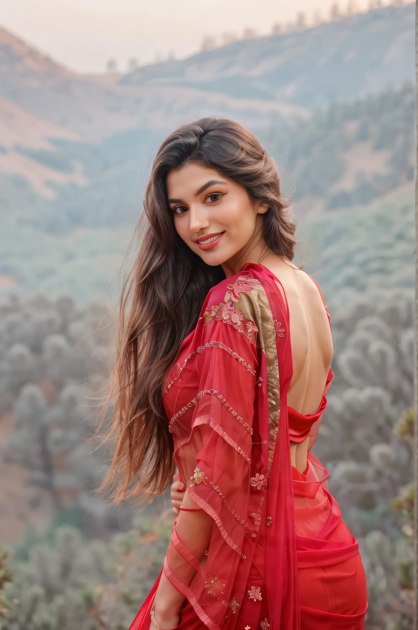 realistic photo of ((yaelaris: gr4c3f: 0.5))  in a deep pink-red chiffon saree with subtle shimmer, standing gracefully on a scenic mountain viewpoint. Her saree is backless, revealing her bare back in an elegant and confident pose. Her long hair flows nat...