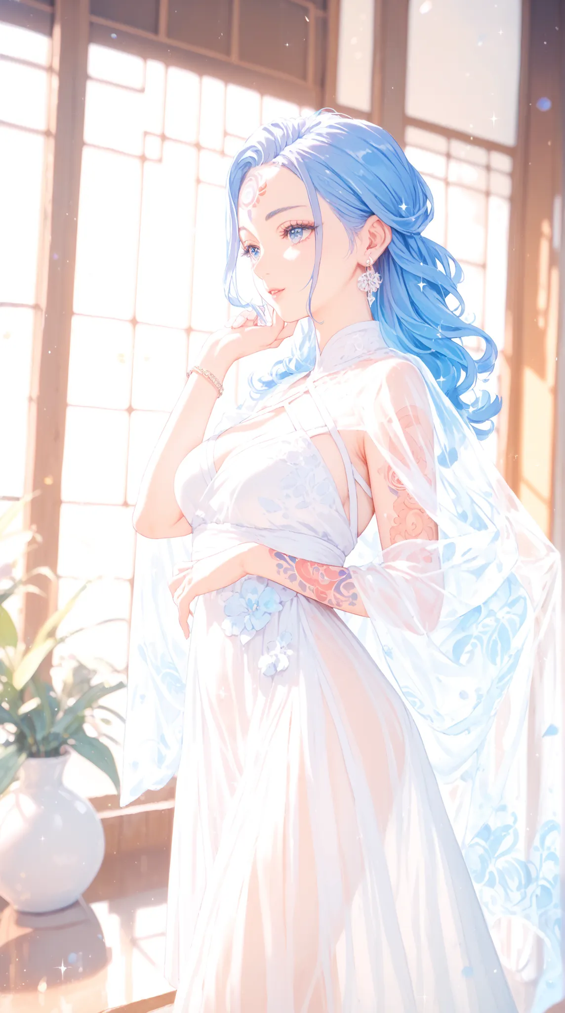 artistic, Ultra High Definition, Girl in Fusion Dress, Decorative Forehead Tattoos, gentle expression, Sparkling See-through Cloak, Simple Bar Earrings, Contemporary Japanese Room