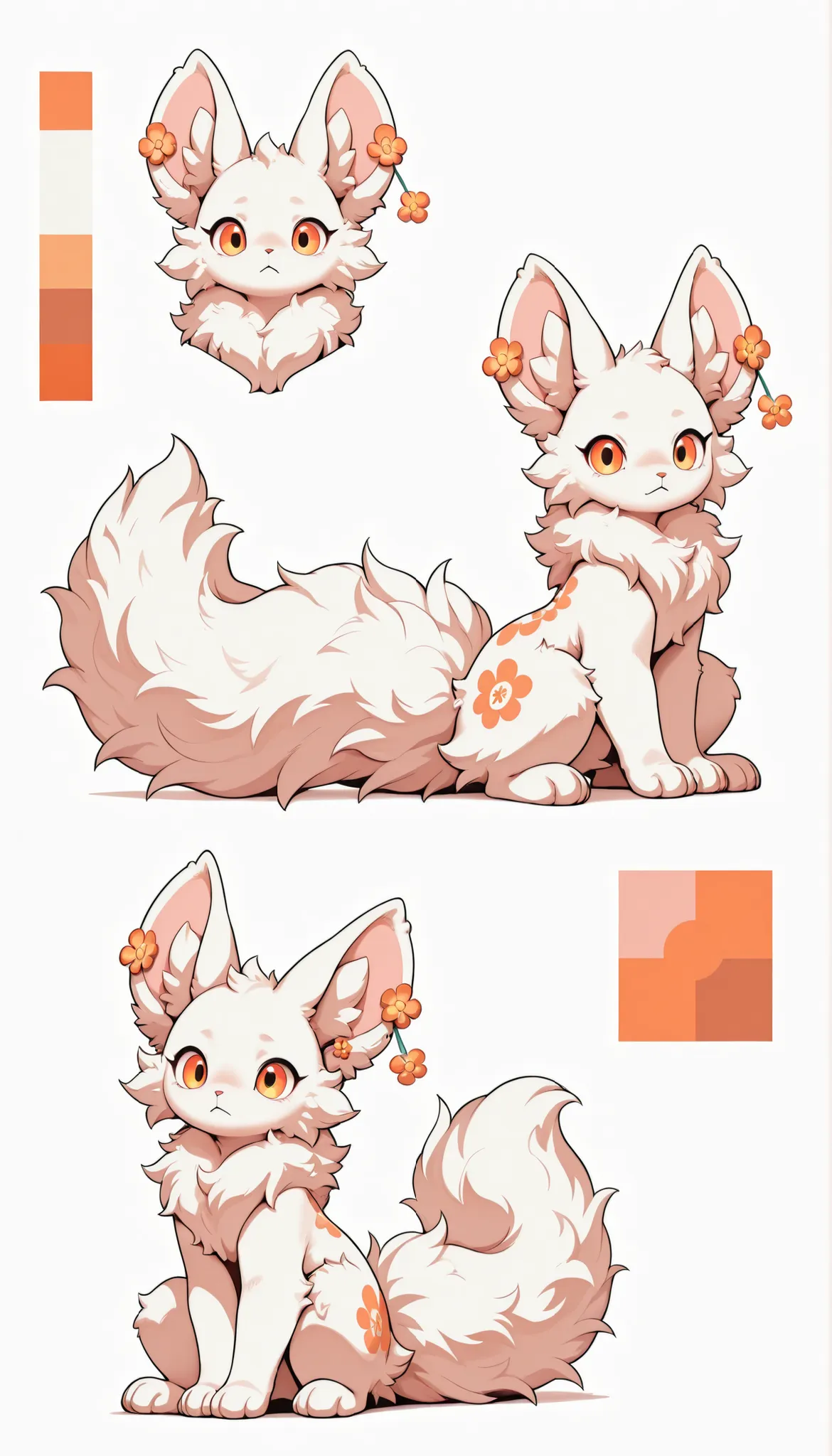 Non-human, pure white fur, empty imagination creatures, orange eyes, fluffy,big ears,One small orange flower earrings on the ear, a floral patterned fur on the stomachThe whole body, the tail is hidden behind the back, a large fluffy tail Reference materia...