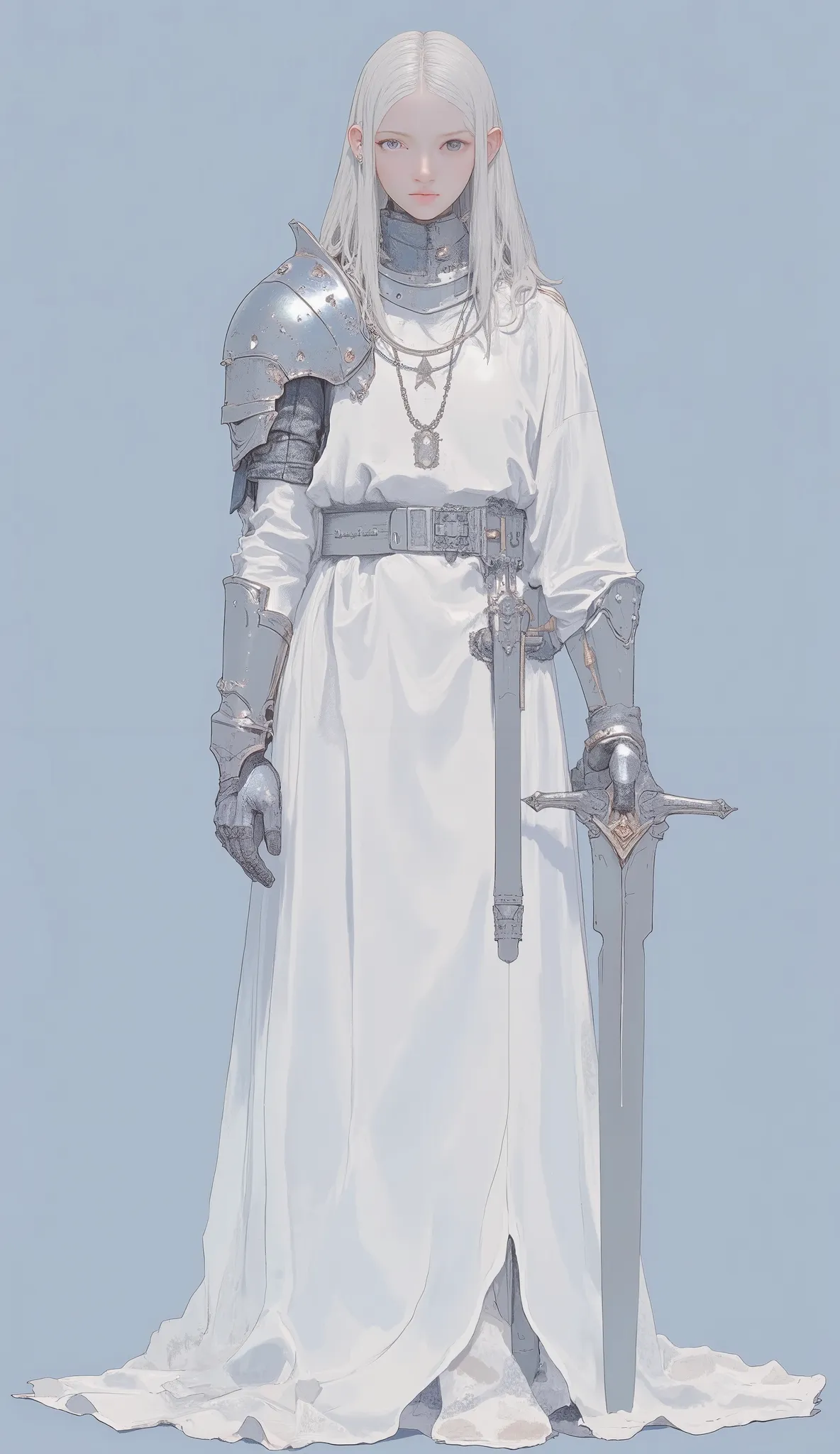 The figure is long, } It holds a flowing white dress and has a gauntlet covering the hand. The arm is adorned with medieval-style armor; The right arm is covered with an articulated metal plate, Large, Graceful sword. The blade of the sword is long, straig...