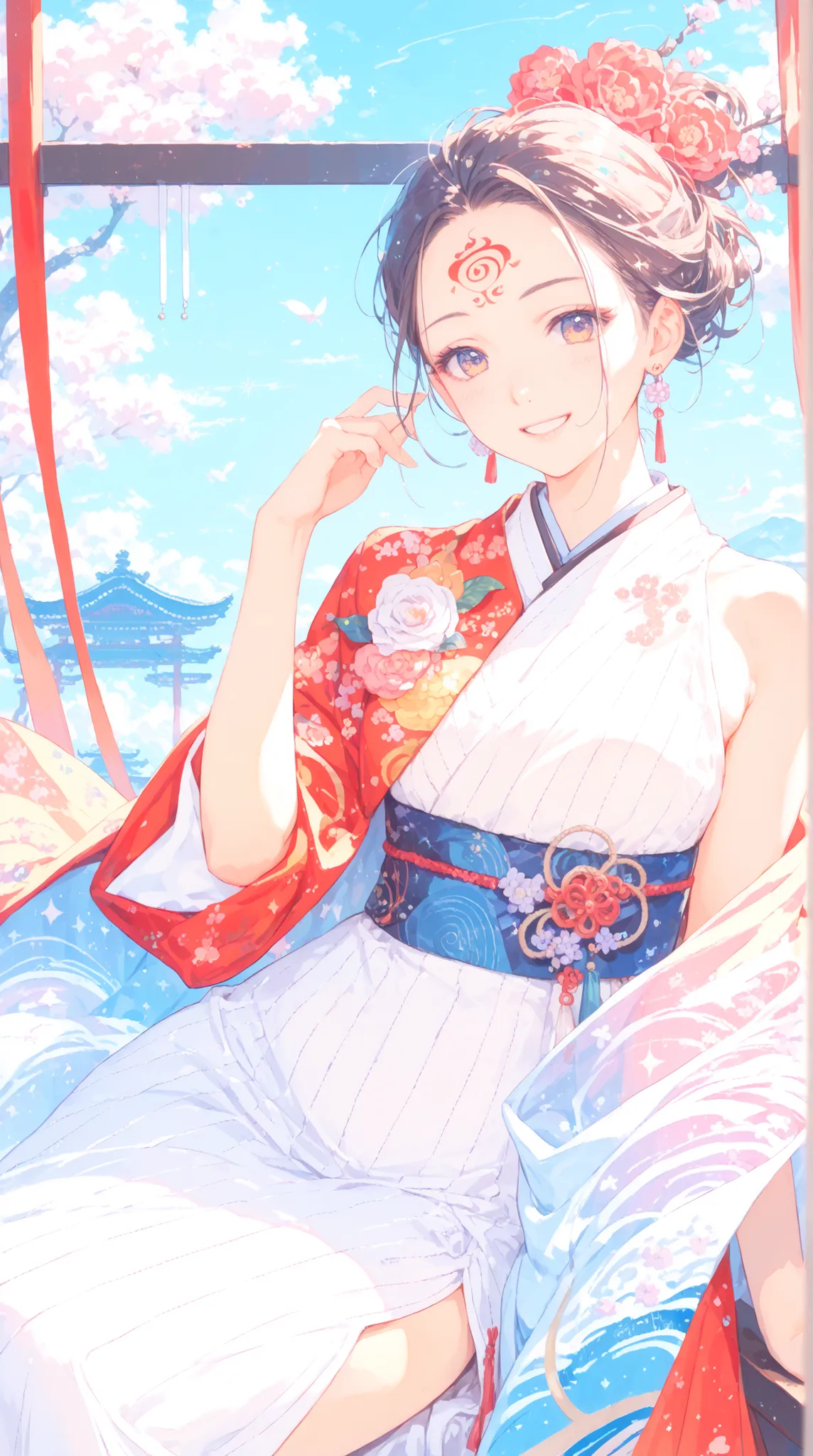 top quality, masterpiece, as pictured, Japanese Pattern x Western Dress, Delicate Forehead Tattoo, A graceful smile, Sparkling Sheer Cape, Stylish Bar Earrings, Oriental and Western Fusion, Contemporary Japanese Style Space
