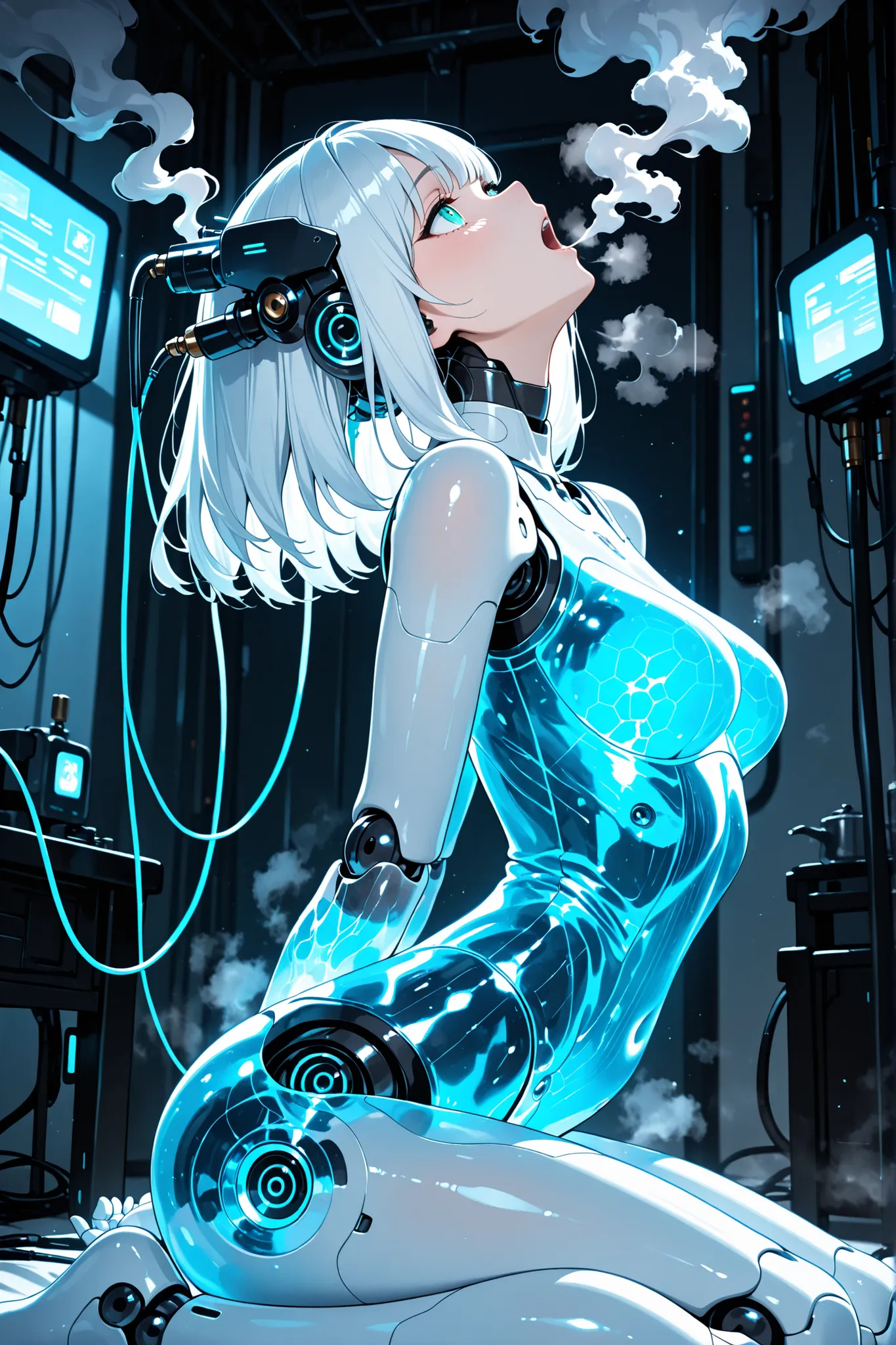 1girl, solo, original, white hair, (glowing eyes:0.8),  aqua eyes, detailed eyes, open mouth, doll joints, robot girl, mecha, see-through body, ((steam, smoke)), electric, looking afar, wariza, arms behind back, (arched back:1.2), head tilt, indoors, many ...