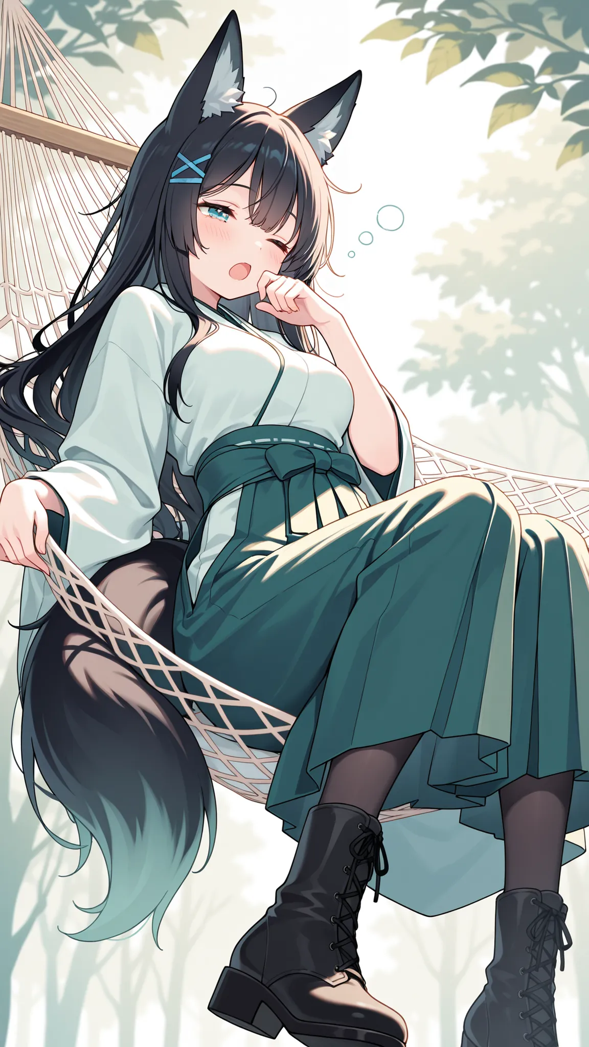 Masterpiece, best quality, High definition, high detailed, pastel-toned background , pale color ,pastel theme, solo, fox ears widow with black long hair and tail,blue hairpins, wearing a green and white hakama,pantyhose, japanese mikoshi, shy, little blush...