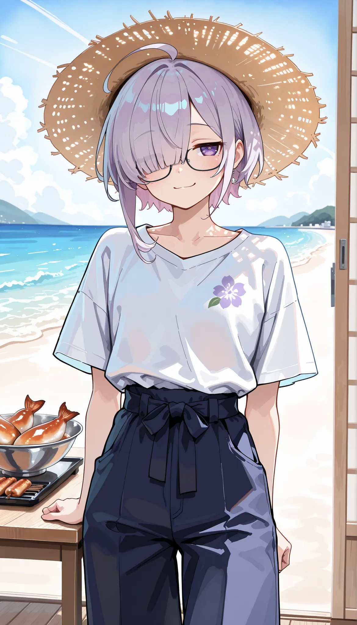 ( masterpiece , best quality , high quality ,8k,)  ( watercolor style illustration, :1.3) solo  (beautiful-young-woman:1.4)  knight = = △  muscular  (gsilver-short-bob-hair1.4)    (hair over one  eye, bangs, long bangs, :1.4) straw-hat  (red-yukata:1.4 (sh...