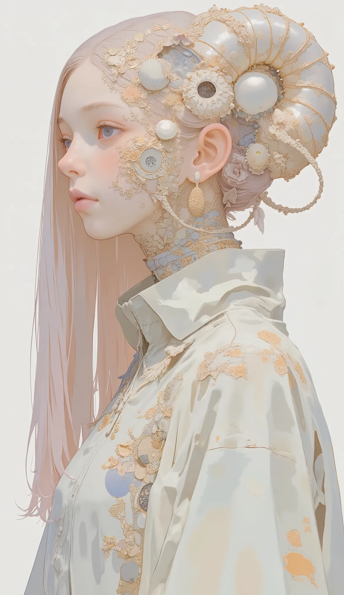  intricate style  , The composition is、Detailed, with an organic texture evoking natural elements such as feathers and scales. The headpiece is elegantly spiraled, long, flowing hair that changes to a faint rose pink. scene is graceful, Otherworldly Atmosp...