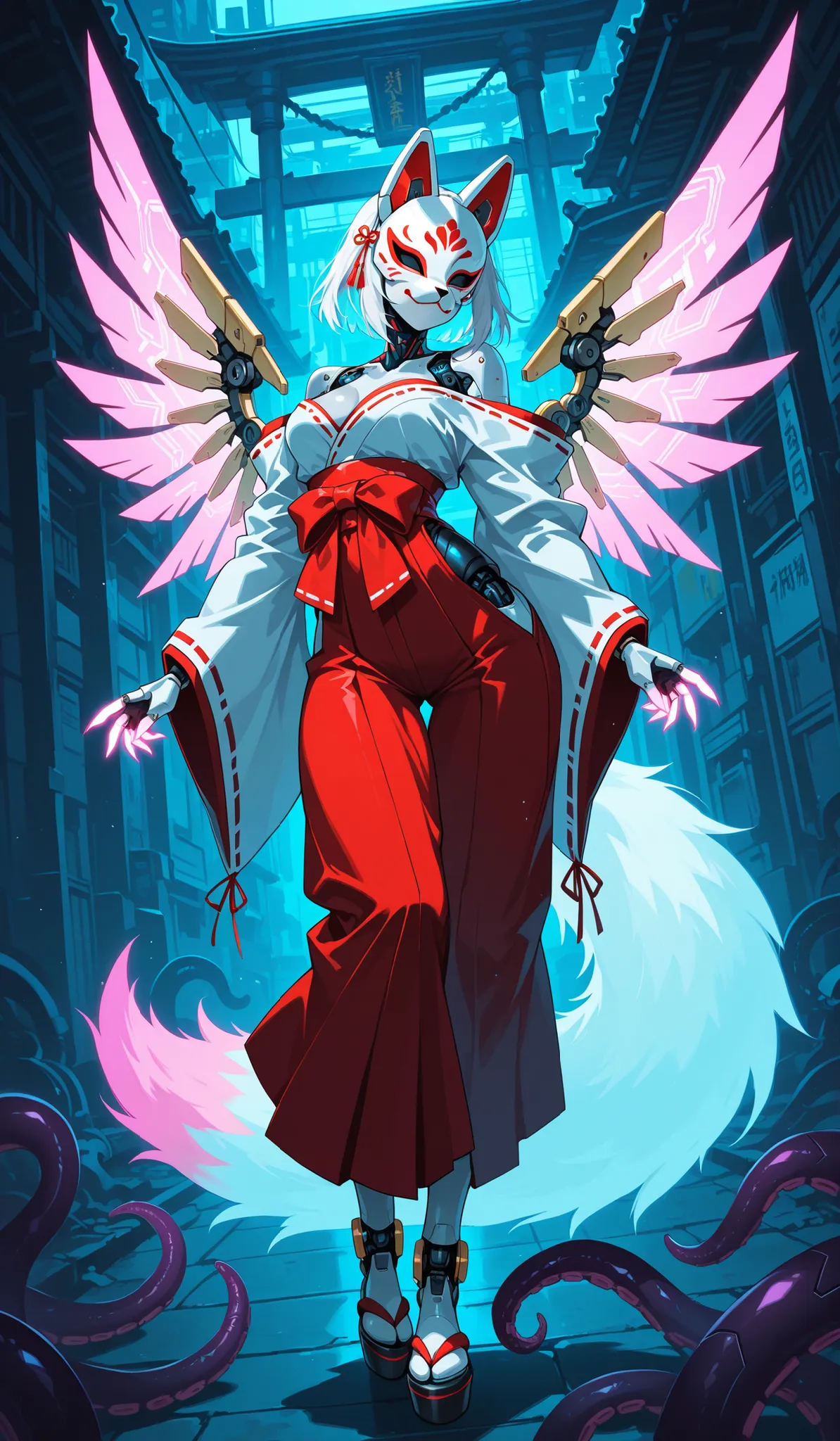 1girl, fox girl, white hair, android, robotic, cybernetic enhancement, cyberpunk, faceless fox mask, futuristic, shrine maiden, glowing claws, perfect body, mechanical wings, huge wings, colorful glowing tails, multiple mechanical tentacles from her back, ...