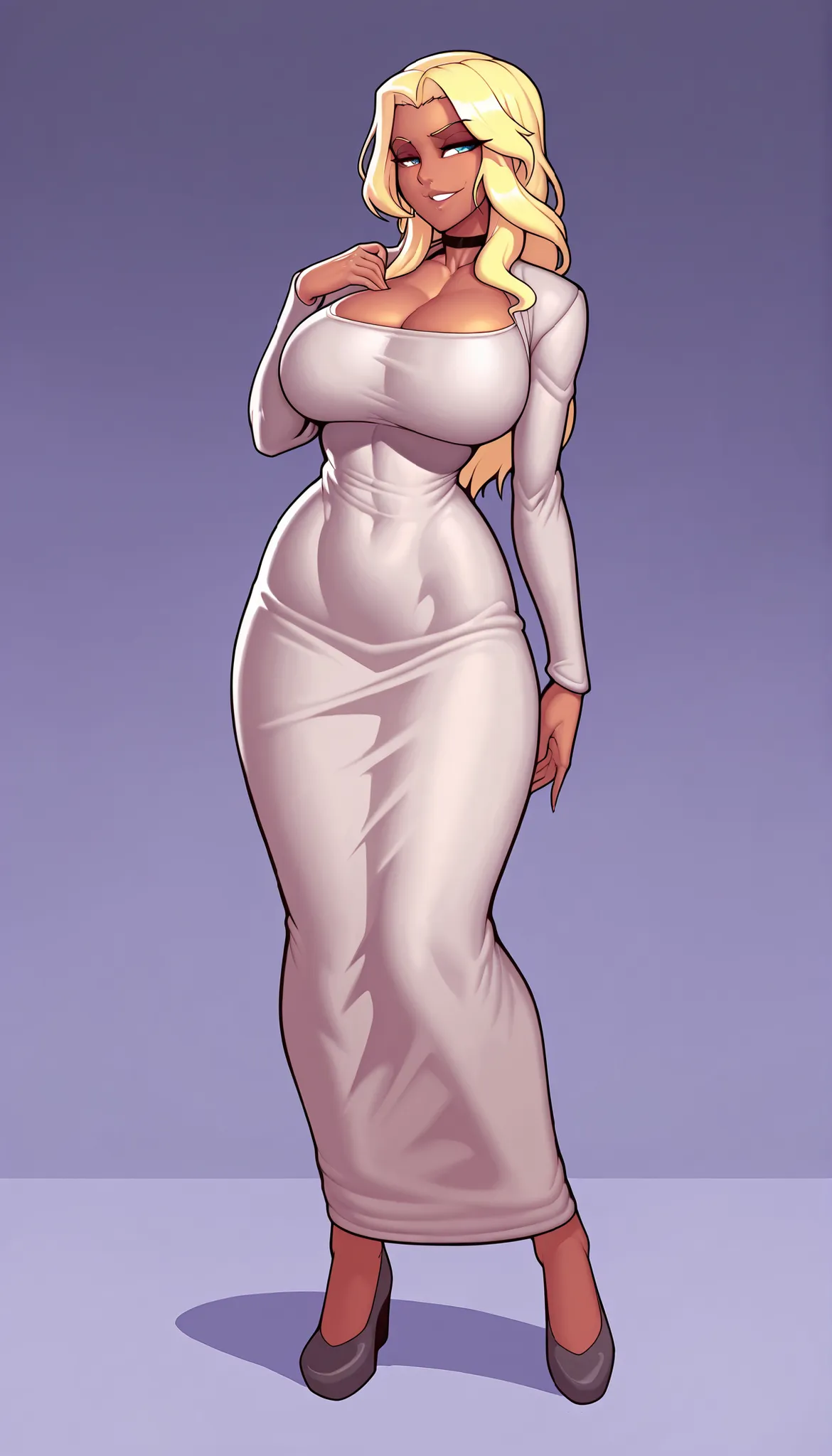 choker, dark-skinned woman, long hair, blonde, Mature woman, Dongtan dress, gray dress, big breasts, round breasts, narrow waist, seductive pose , Standing, demimond23, full body, standing, front view,