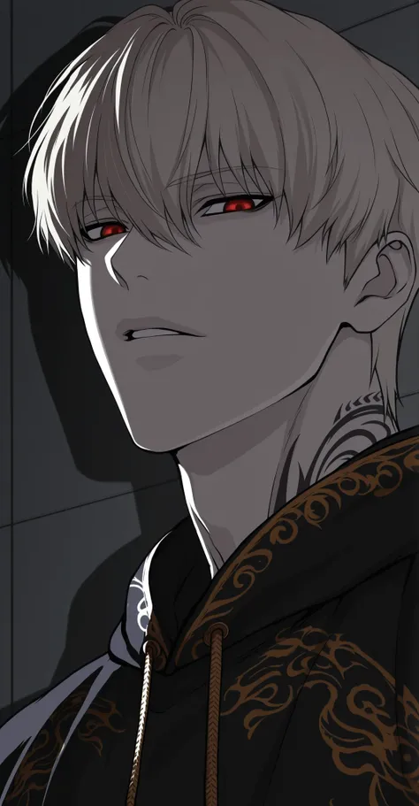 1male,solo,platinum blond hair,short hair,hair between eyes,bang,red eyes,pale skin,neck tattoo,black versace hoodie,muscle,shadow,Lookism