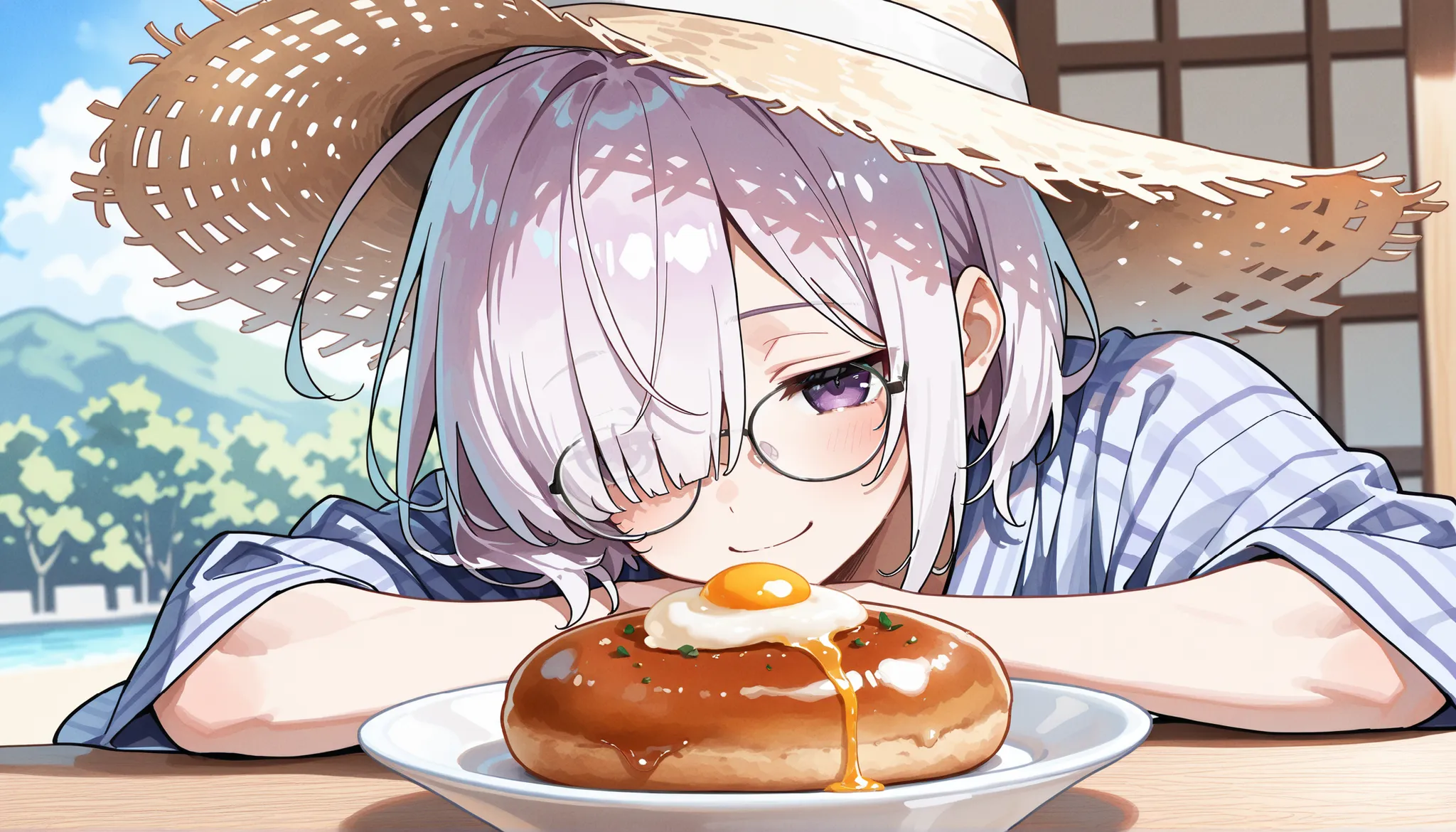 ( masterpiece , best quality , high quality ,8k,)  ( watercolor style illustration, :1.3) solo  (beautiful-young-woman:1.4)  knight = = △  muscular  (gsilver-short-bob-hair1.4)    (hair over one  eye, bangs, long bangs, :1.4) straw-hat  (red-yukata:1.4 (sh...